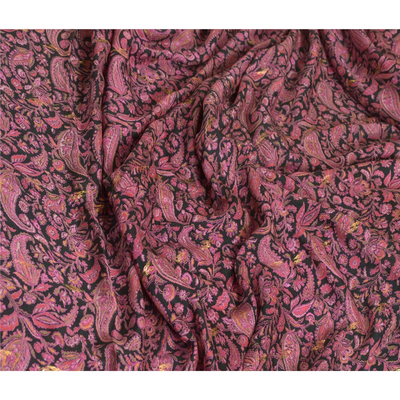 Sanskriti Vintage Sarees Black/Pink Pure Silk Printed Sari 5yd Soft Craft Fabric