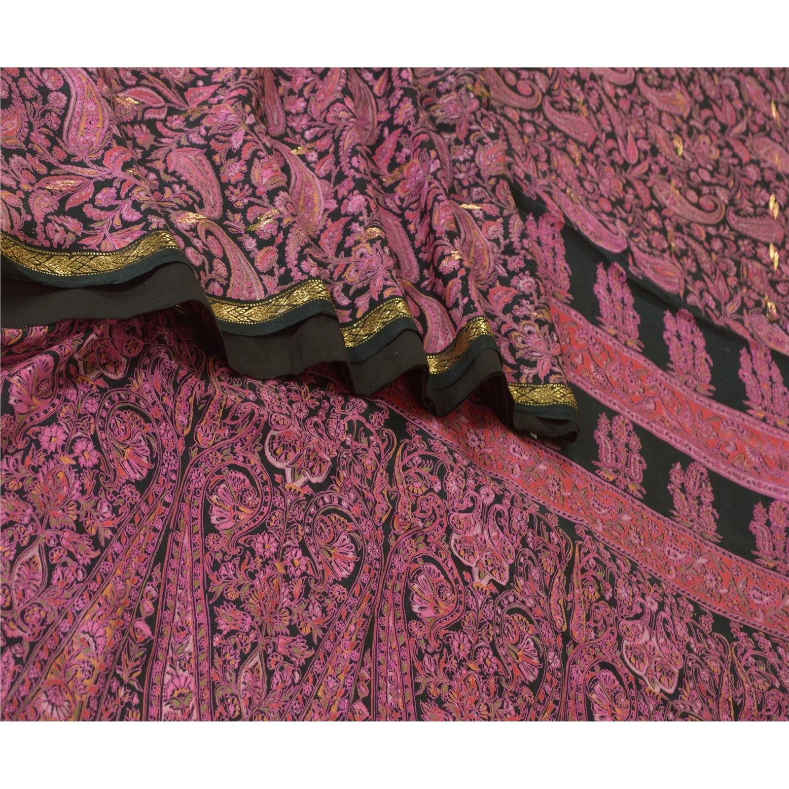 Sanskriti Vintage Sarees Black/Pink Pure Silk Printed Sari 5yd Soft Craft Fabric