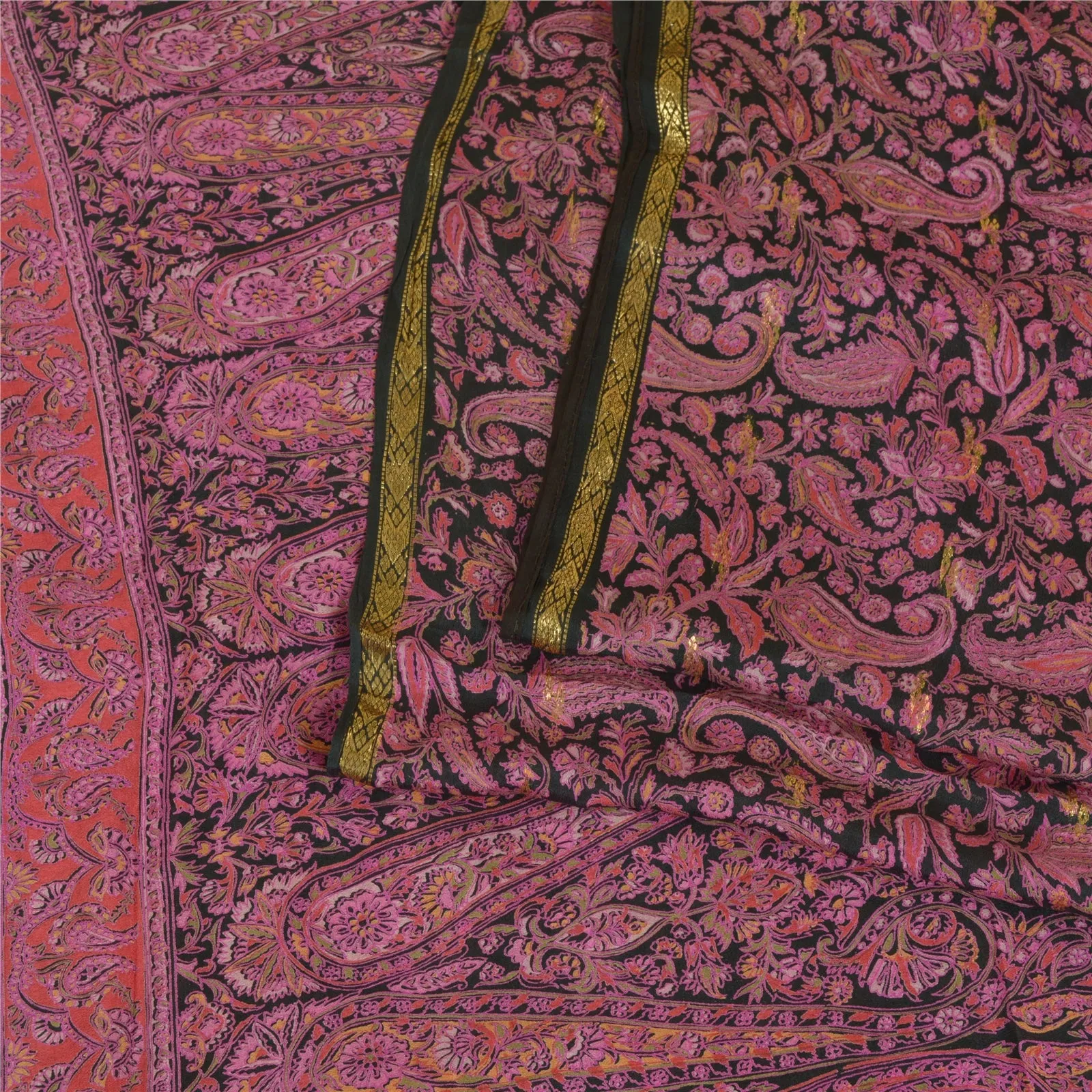 Sanskriti Vintage Sarees Black/Pink Pure Silk Printed Sari 5yd Soft Craft Fabric