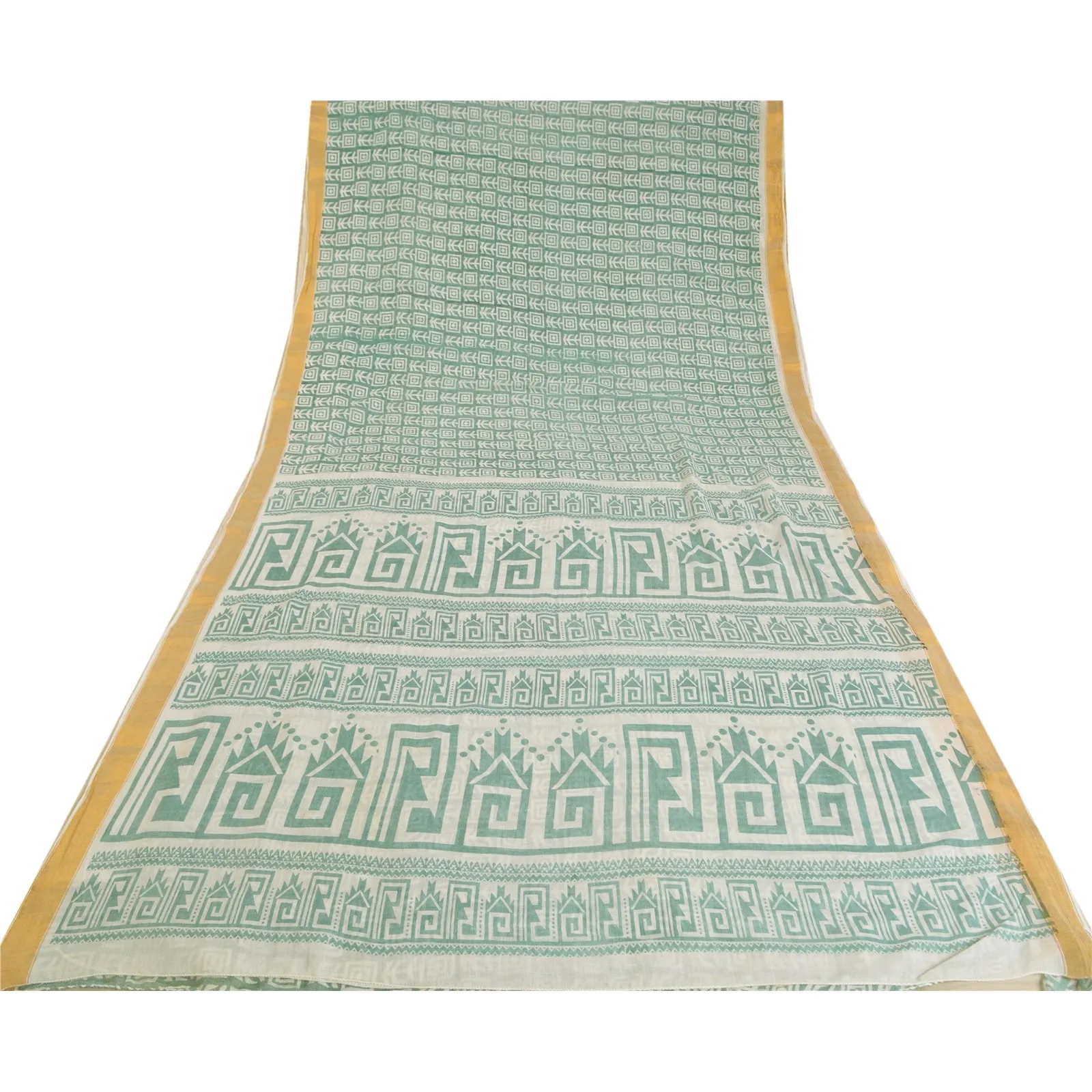 Sanskriti Vintage Sarees Blue Geometric Printed Pure Cotton Sari Craft Fabric