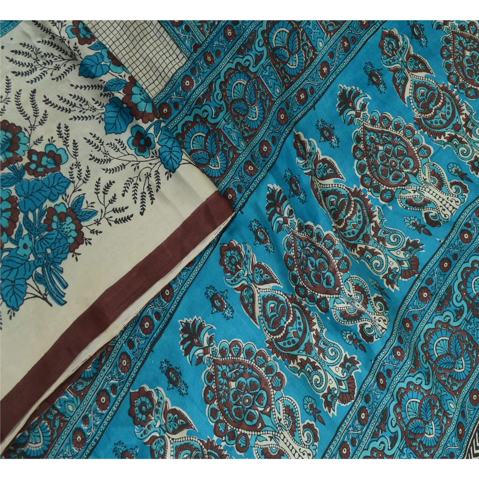 Sanskriti Vintage Sarees Blue Hand Block Printed Pure Silk Sari 5yd Craft Fabric