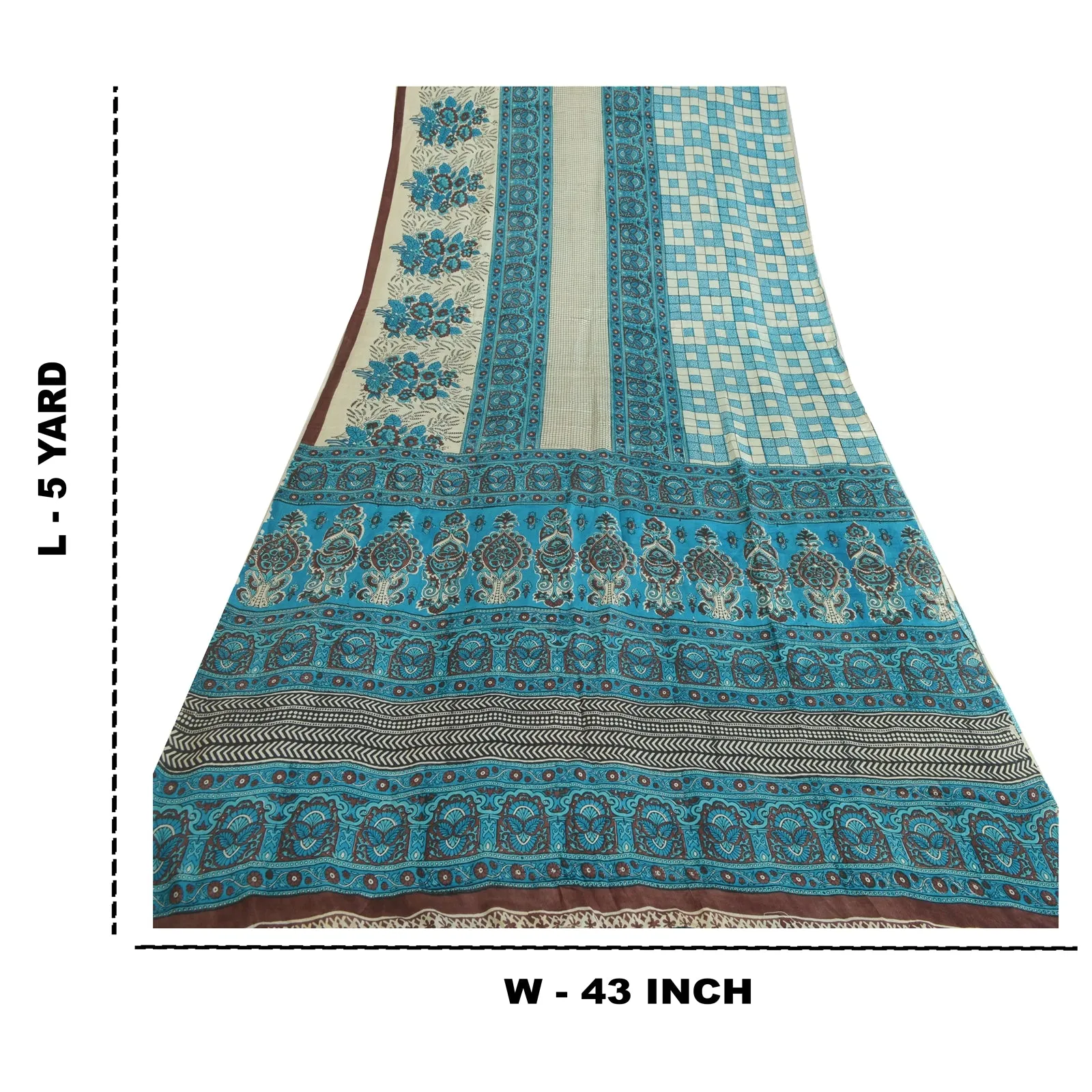 Sanskriti Vintage Sarees Blue Hand Block Printed Pure Silk Sari 5yd Craft Fabric