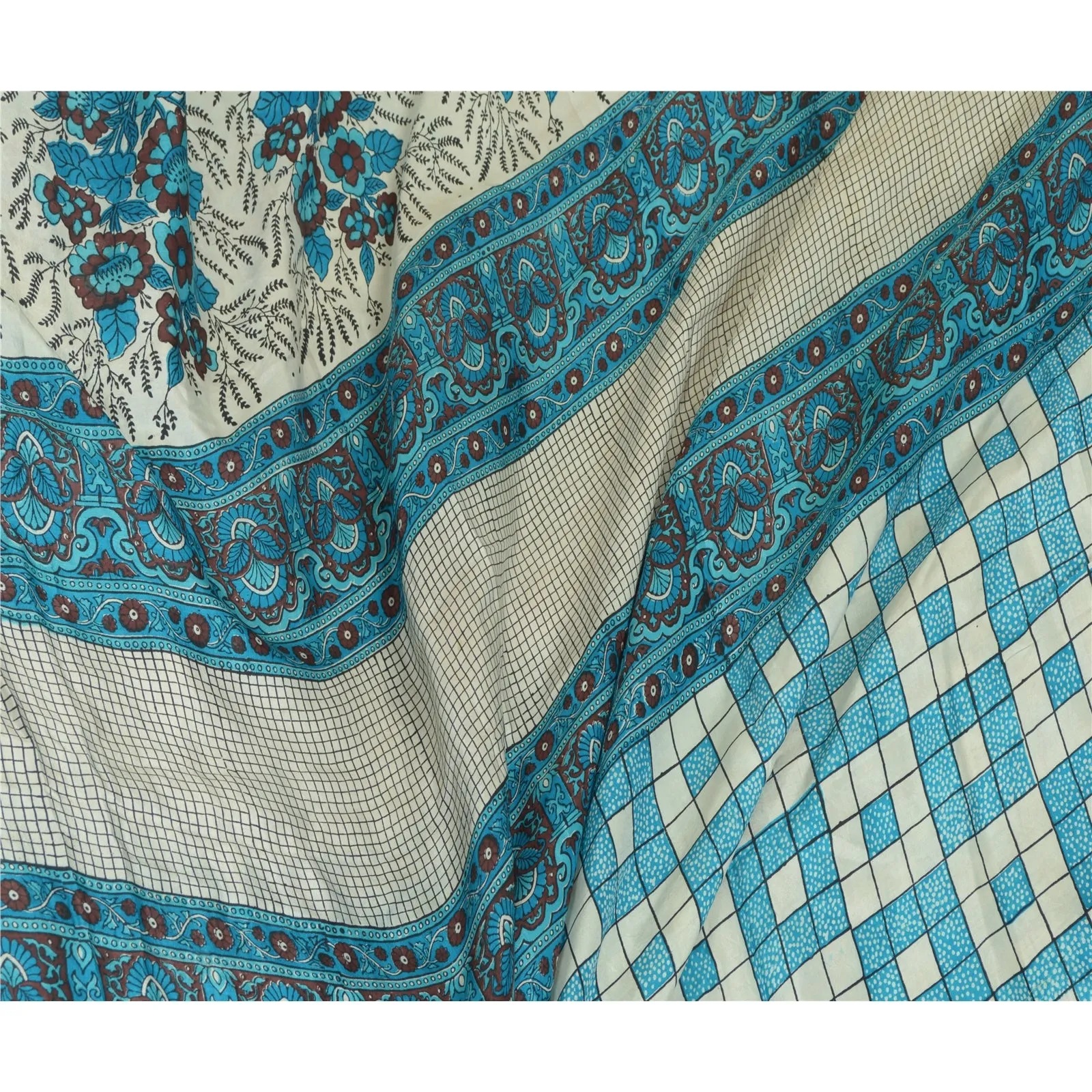 Sanskriti Vintage Sarees Blue Hand Block Printed Pure Silk Sari 5yd Craft Fabric