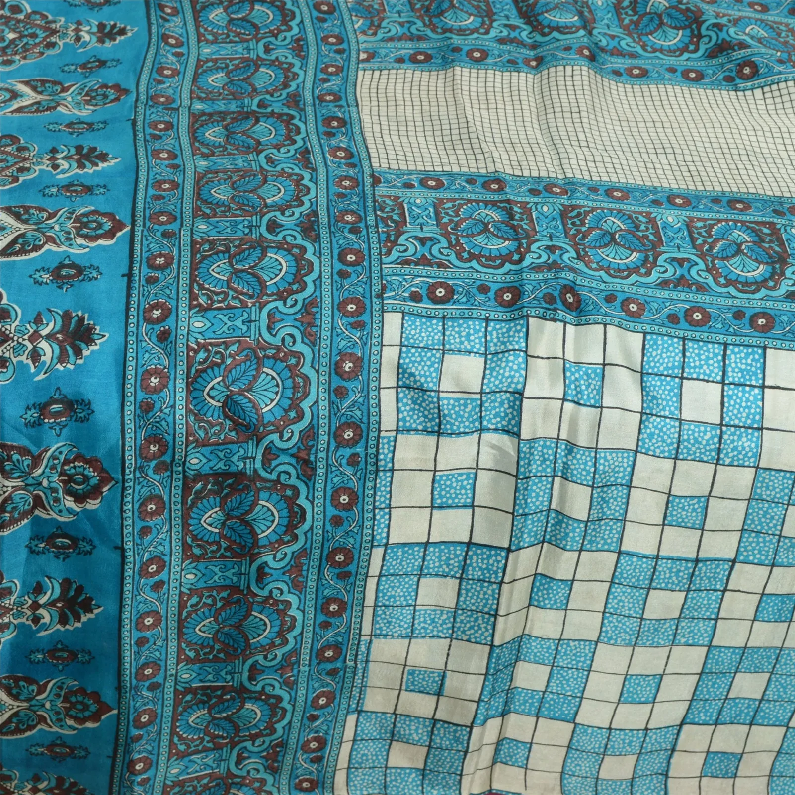 Sanskriti Vintage Sarees Blue Hand Block Printed Pure Silk Sari 5yd Craft Fabric