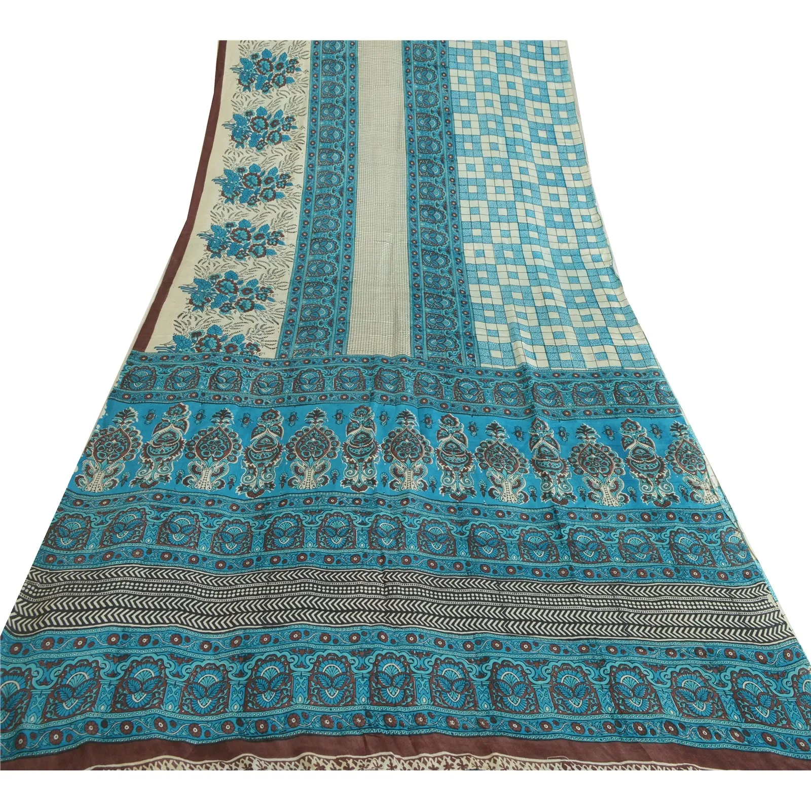 Sanskriti Vintage Sarees Blue Hand Block Printed Pure Silk Sari 5yd Craft Fabric