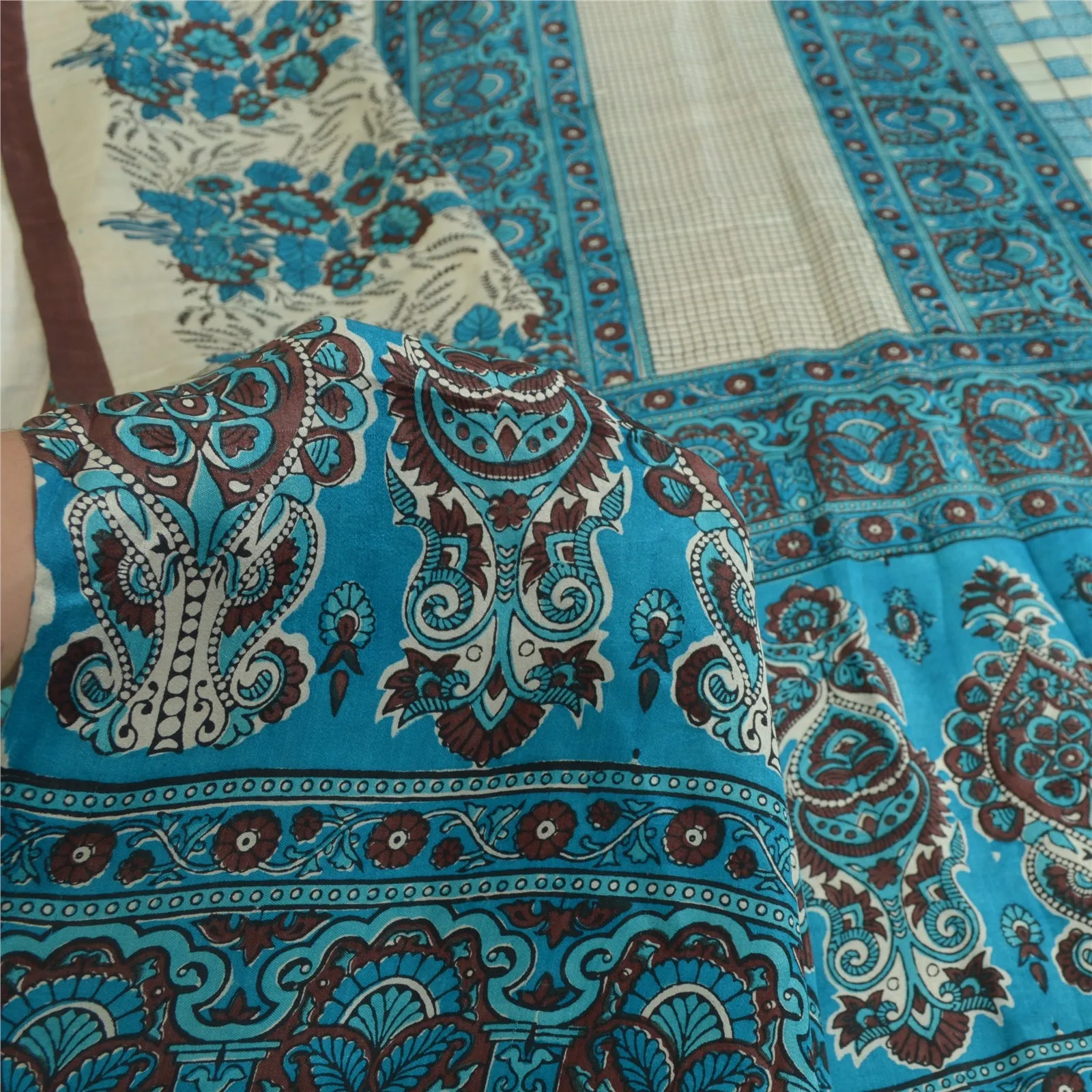 Sanskriti Vintage Sarees Blue Hand Block Printed Pure Silk Sari 5yd Craft Fabric