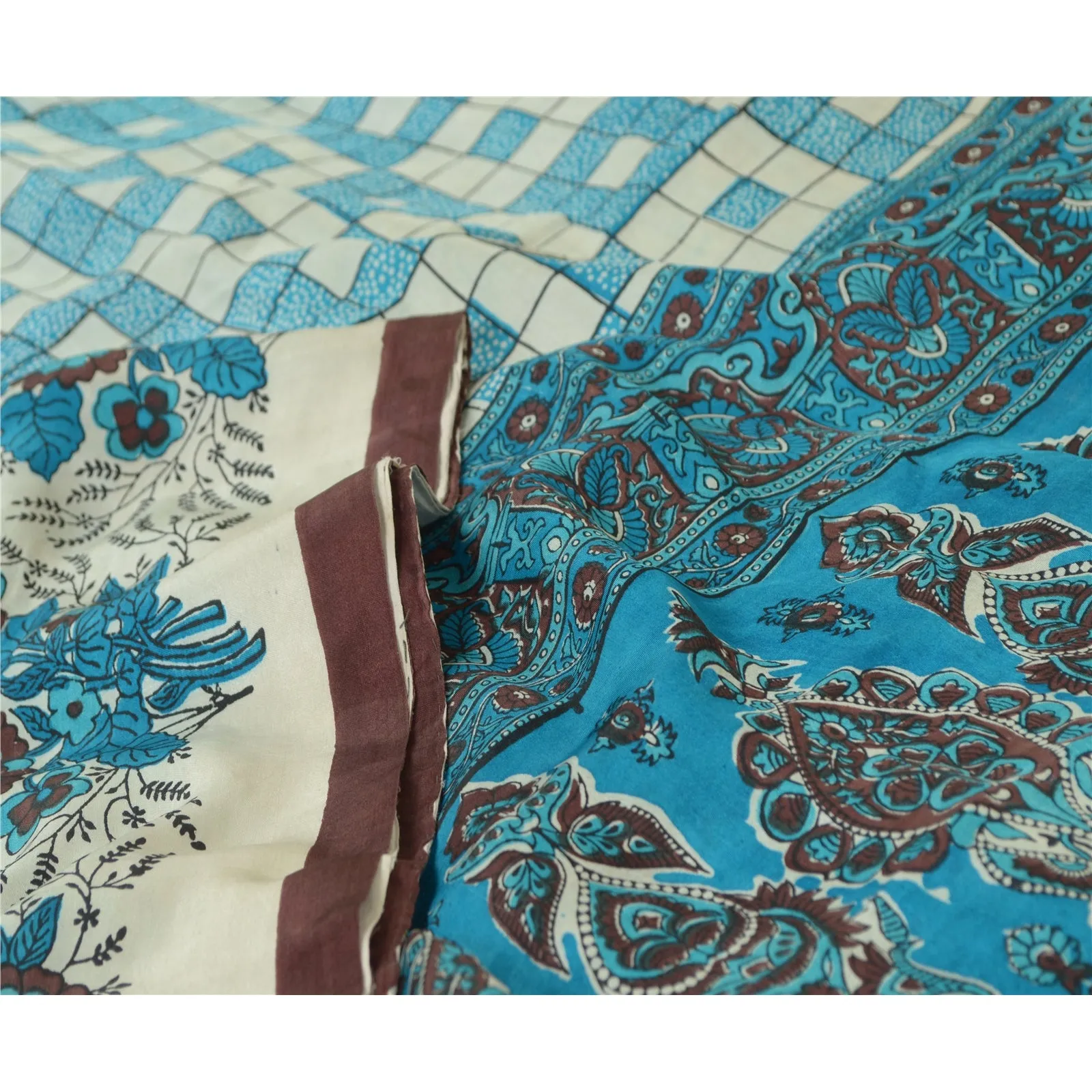 Sanskriti Vintage Sarees Blue Hand Block Printed Pure Silk Sari 5yd Craft Fabric