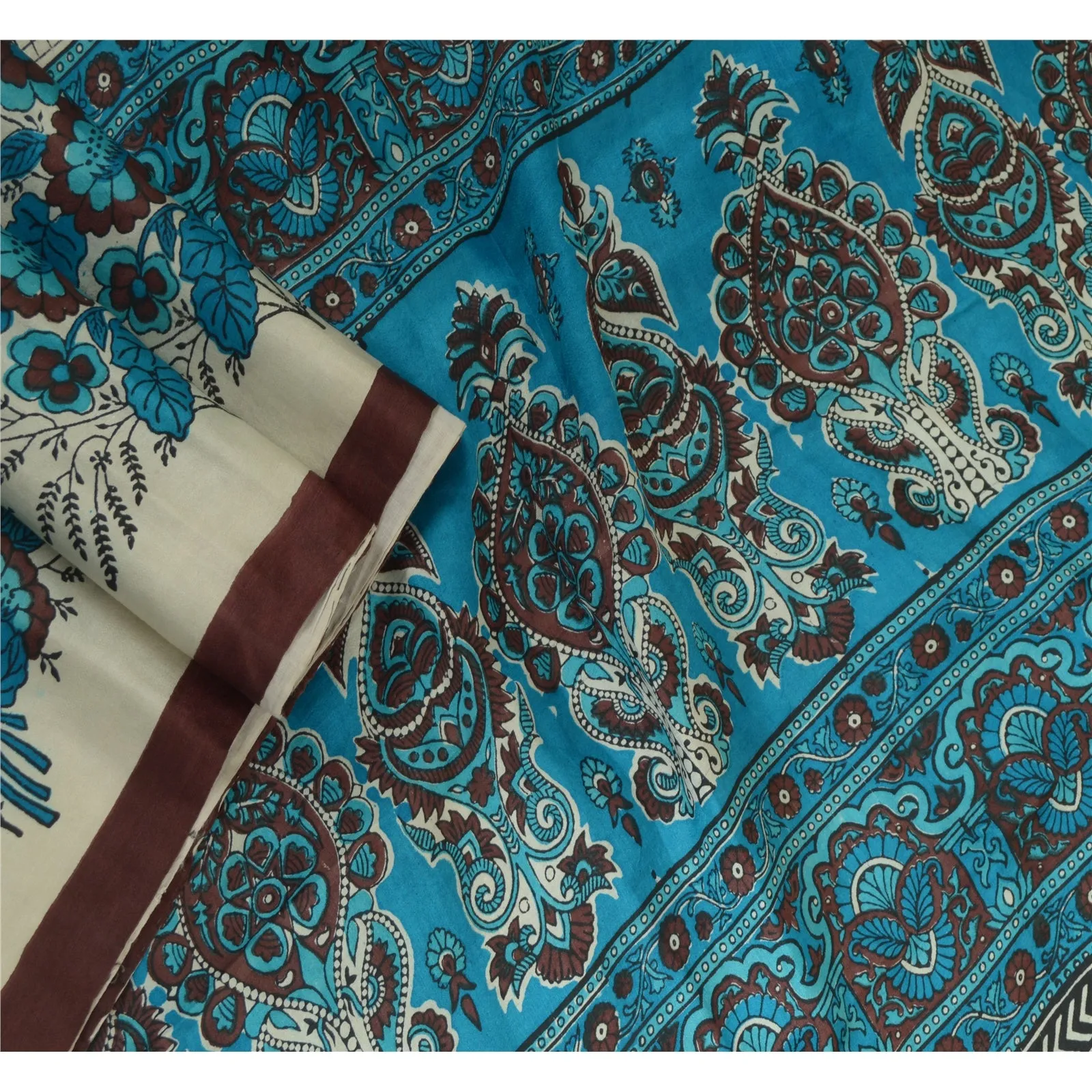 Sanskriti Vintage Sarees Blue Hand Block Printed Pure Silk Sari 5yd Craft Fabric