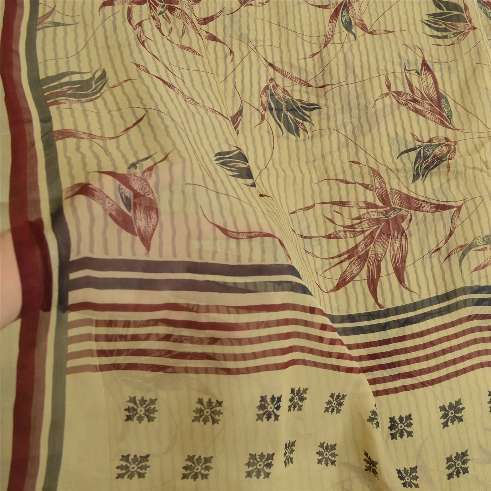 Sanskriti Vintage Sarees Cream Pure Georgette Silk Printed Sari 5yd Craft Fabric