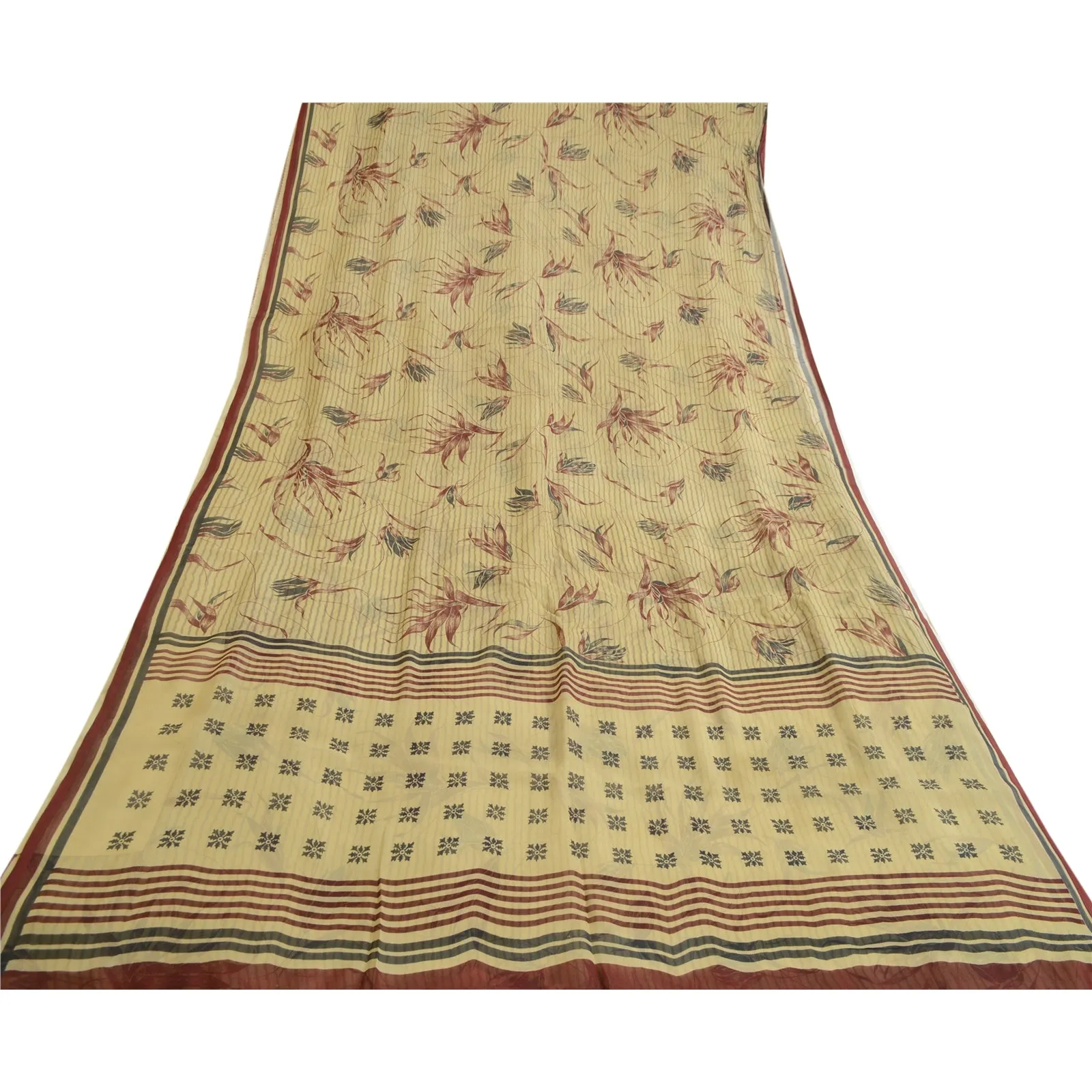 Sanskriti Vintage Sarees Cream Pure Georgette Silk Printed Sari 5yd Craft Fabric