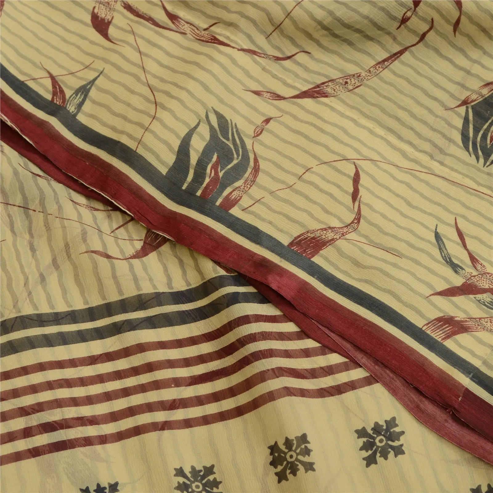 Sanskriti Vintage Sarees Cream Pure Georgette Silk Printed Sari 5yd Craft Fabric