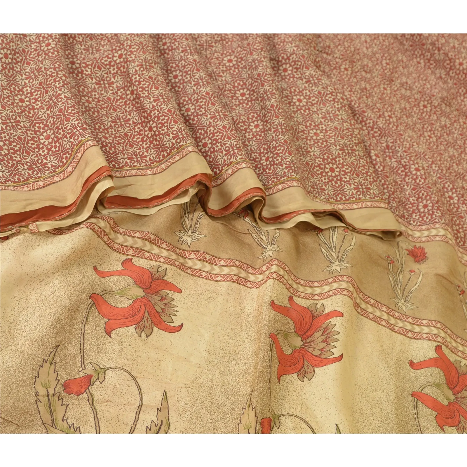 Sanskriti Vintage Sarees From India Red Pure Silk Printed Sari Soft Craft Fabric