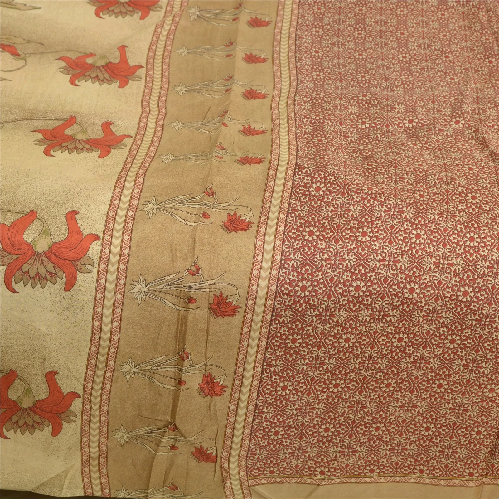 Sanskriti Vintage Sarees From India Red Pure Silk Printed Sari Soft Craft Fabric