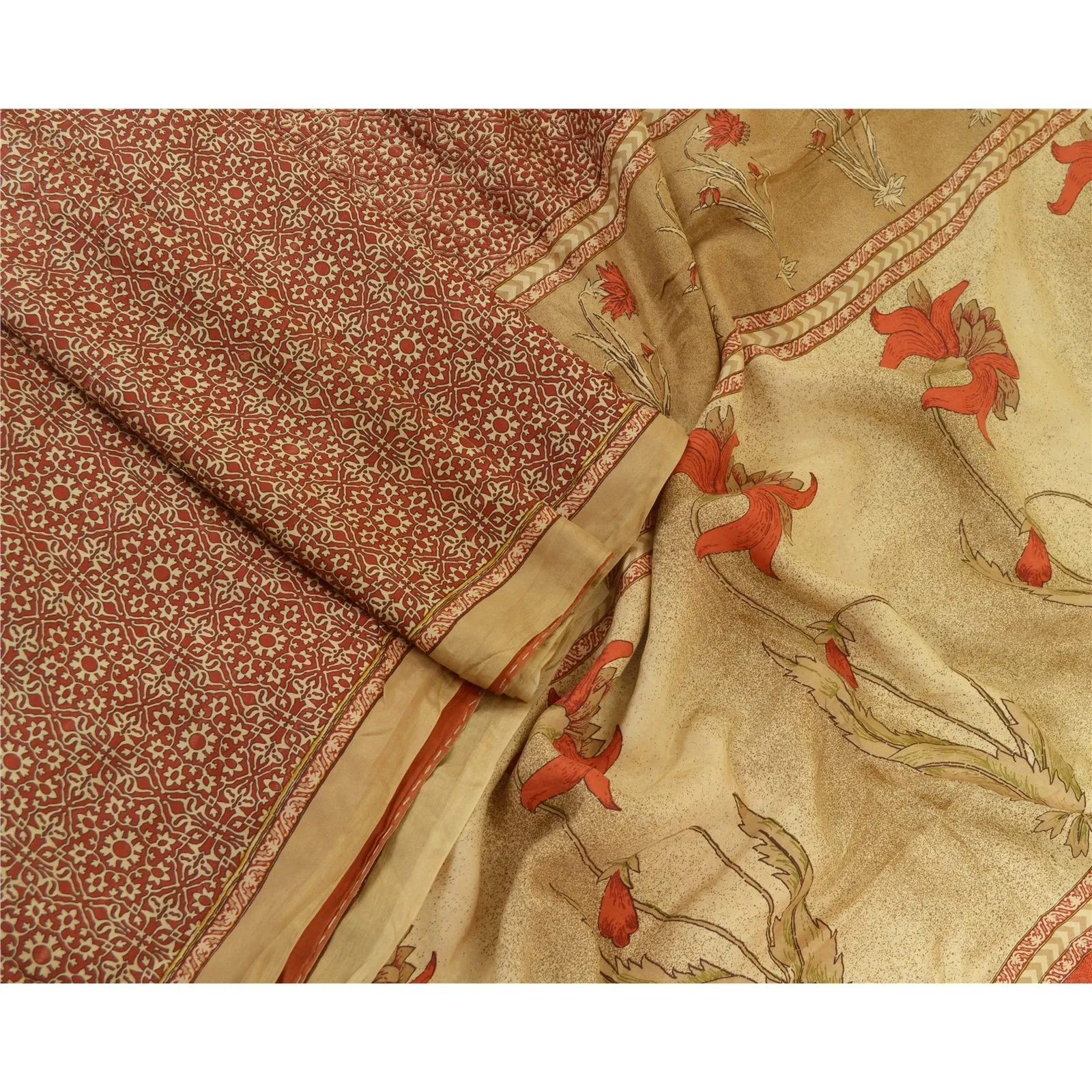 Sanskriti Vintage Sarees From India Red Pure Silk Printed Sari Soft Craft Fabric