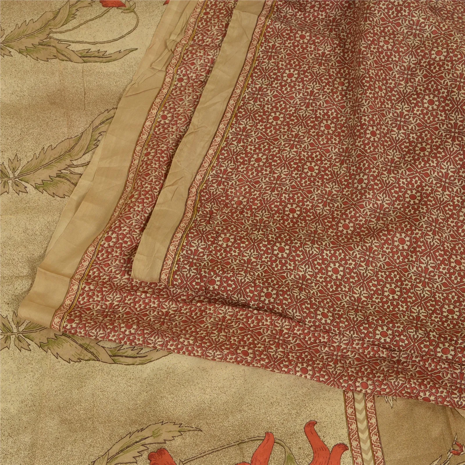 Sanskriti Vintage Sarees From India Red Pure Silk Printed Sari Soft Craft Fabric