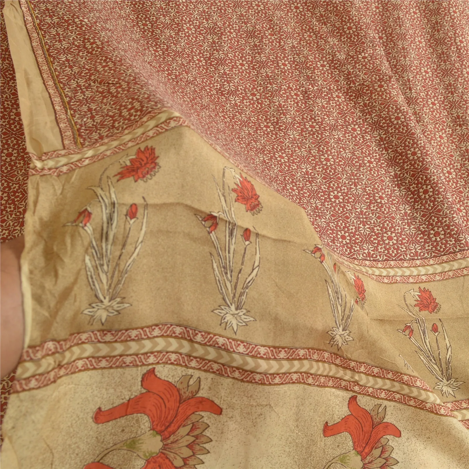 Sanskriti Vintage Sarees From India Red Pure Silk Printed Sari Soft Craft Fabric