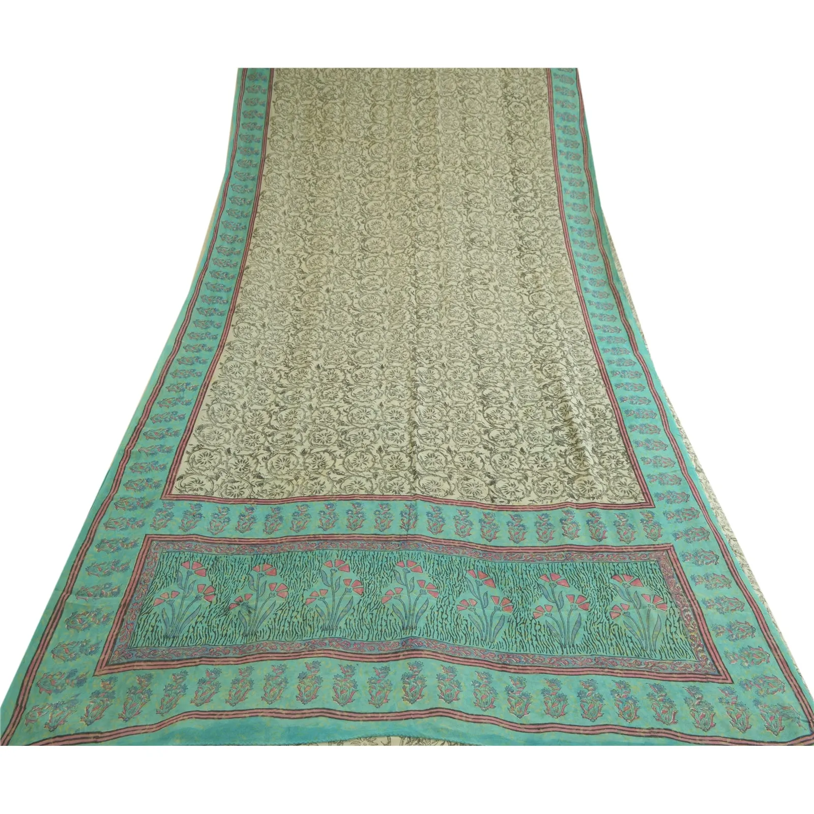 Sanskriti Vintage Sarees Gray/Blue Hand Block Printed Pure Georgette Sari Fabric