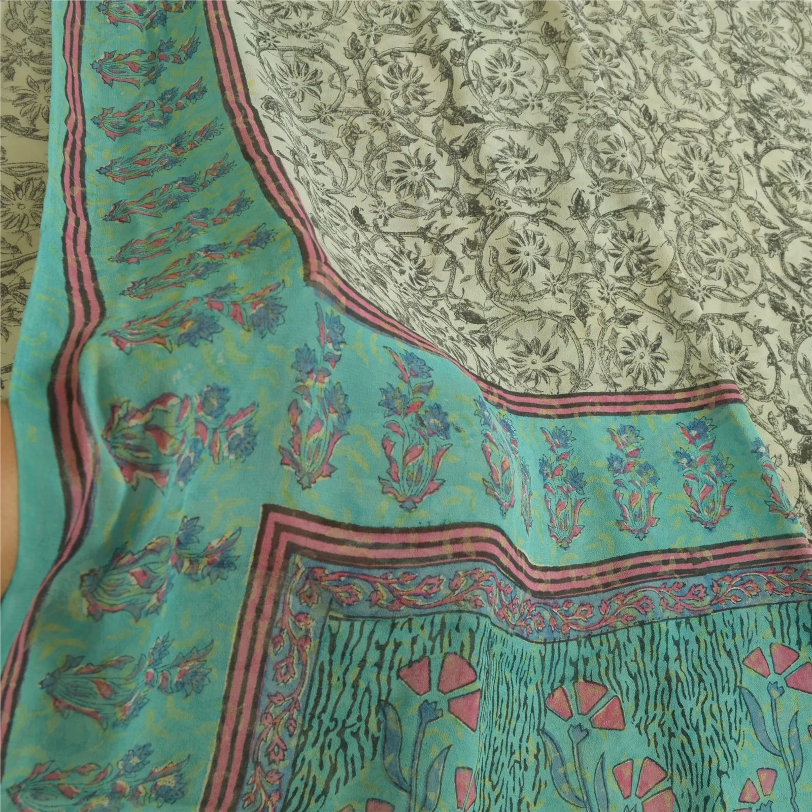 Sanskriti Vintage Sarees Gray/Blue Hand Block Printed Pure Georgette Sari Fabric