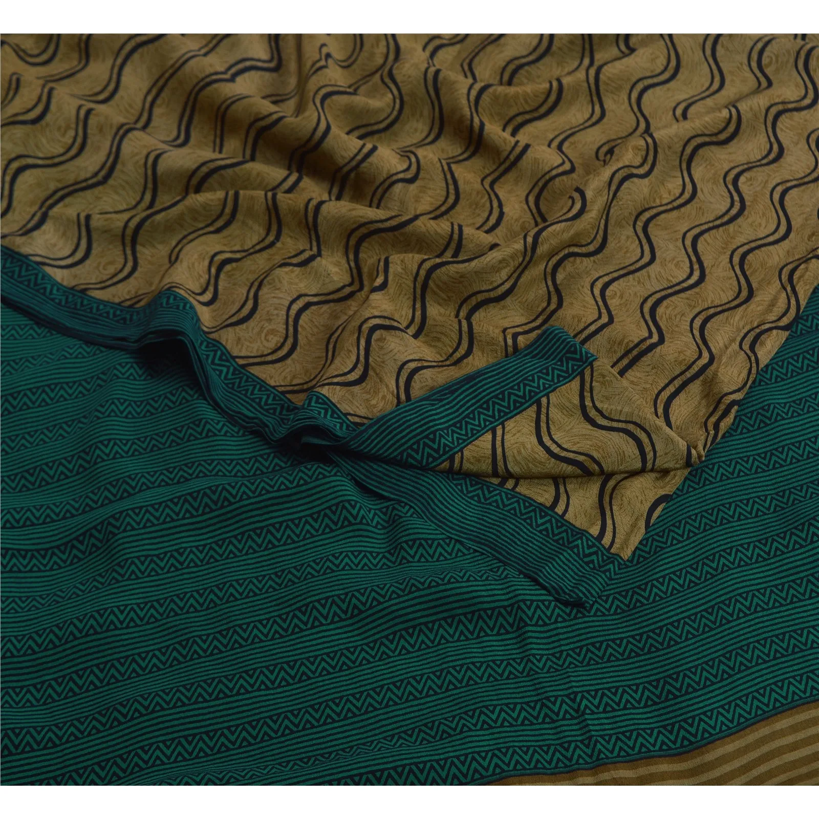 Sanskriti Vintage Sarees Green 100% Pure Crepe Silk Printed Sari Craft Fabric