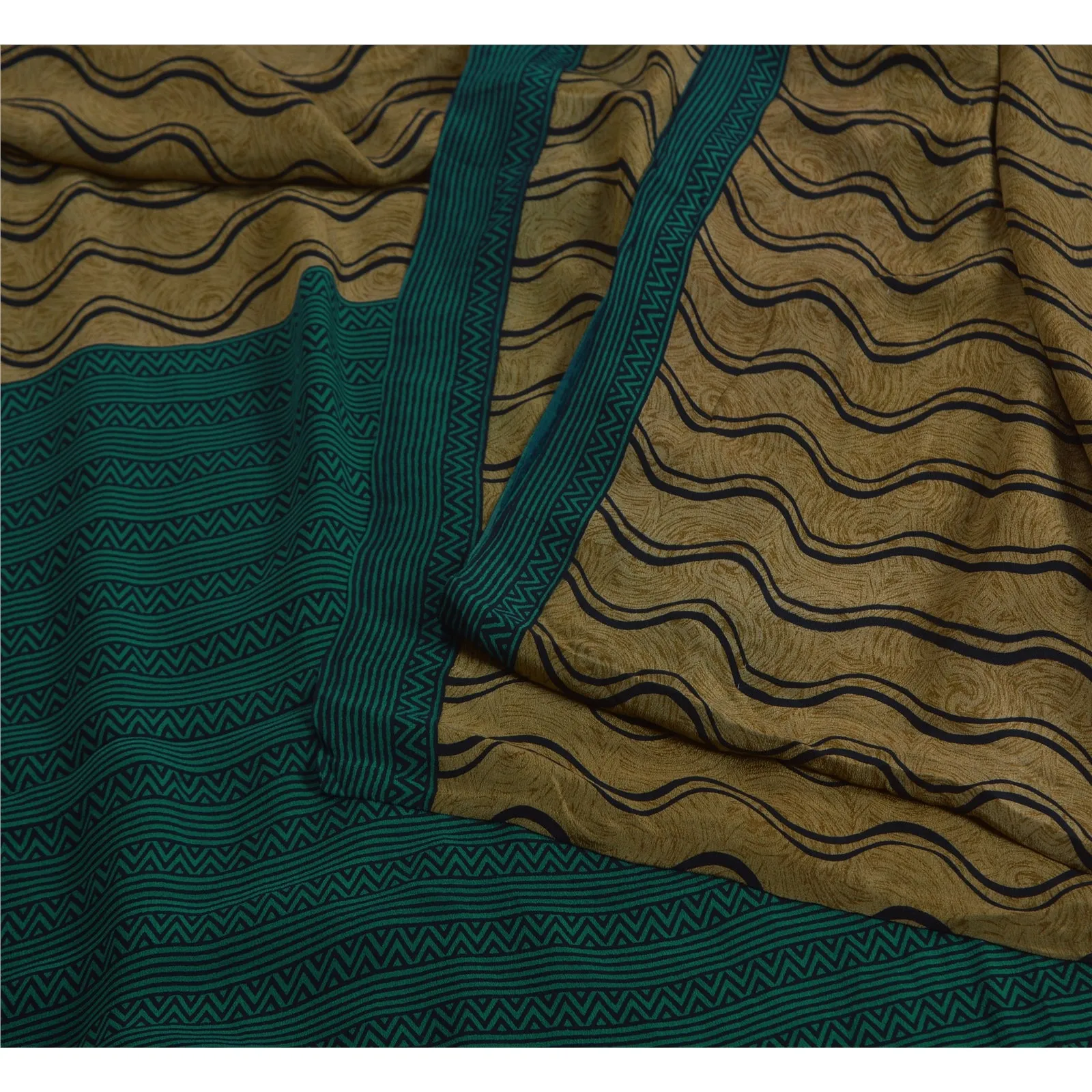 Sanskriti Vintage Sarees Green 100% Pure Crepe Silk Printed Sari Craft Fabric