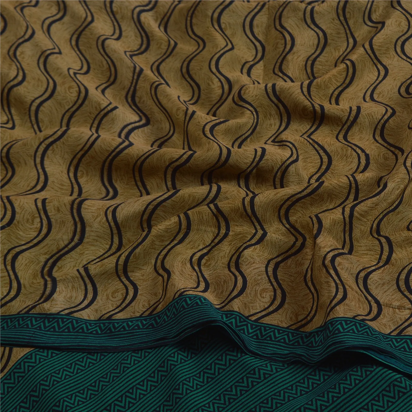 Sanskriti Vintage Sarees Green 100% Pure Crepe Silk Printed Sari Craft Fabric