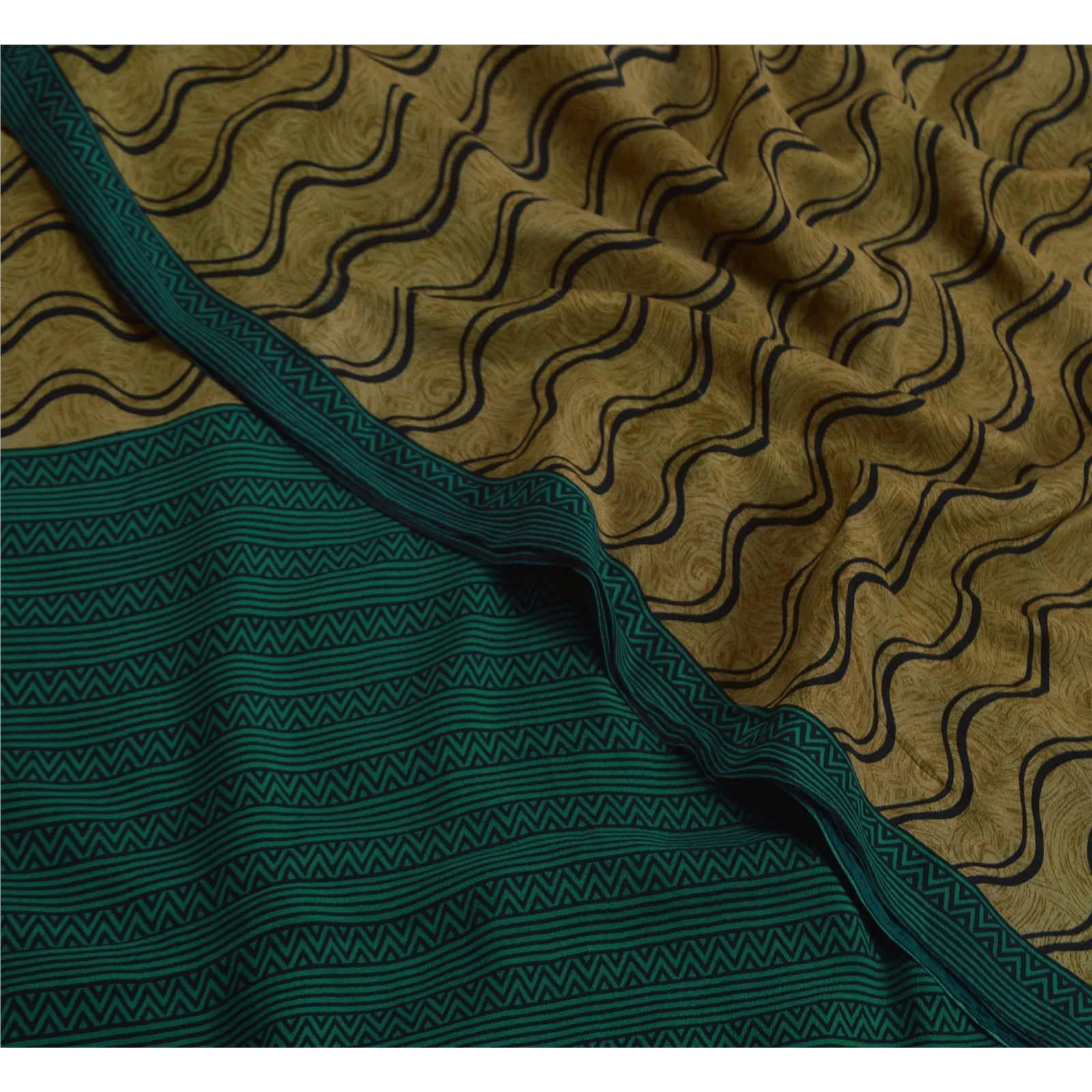 Sanskriti Vintage Sarees Green 100% Pure Crepe Silk Printed Sari Craft Fabric