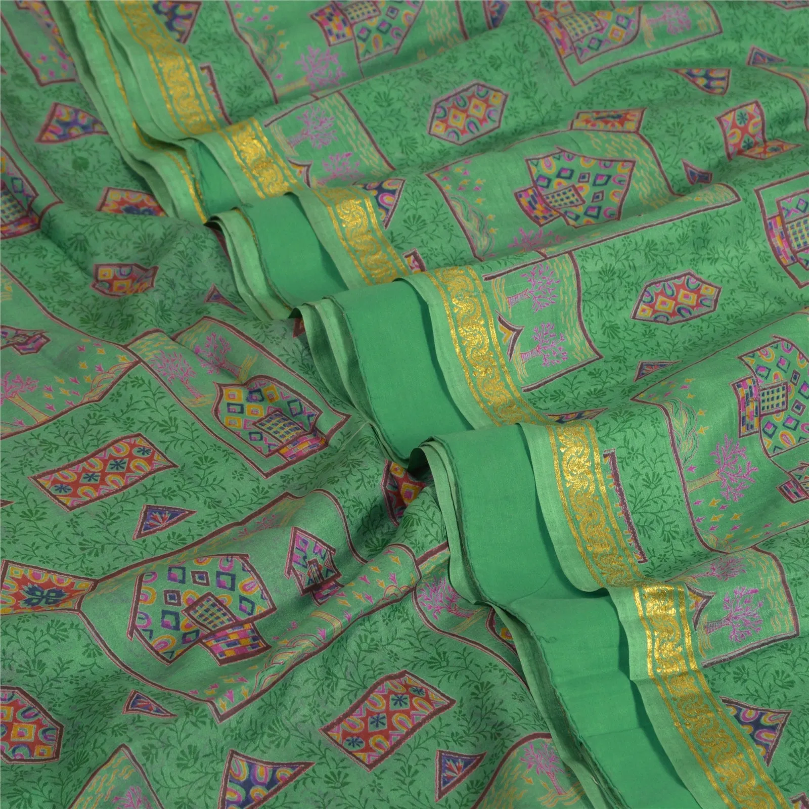 Sanskriti Vintage Sarees Green Zari Border Pure Silk Printed Sari Craft Fabric