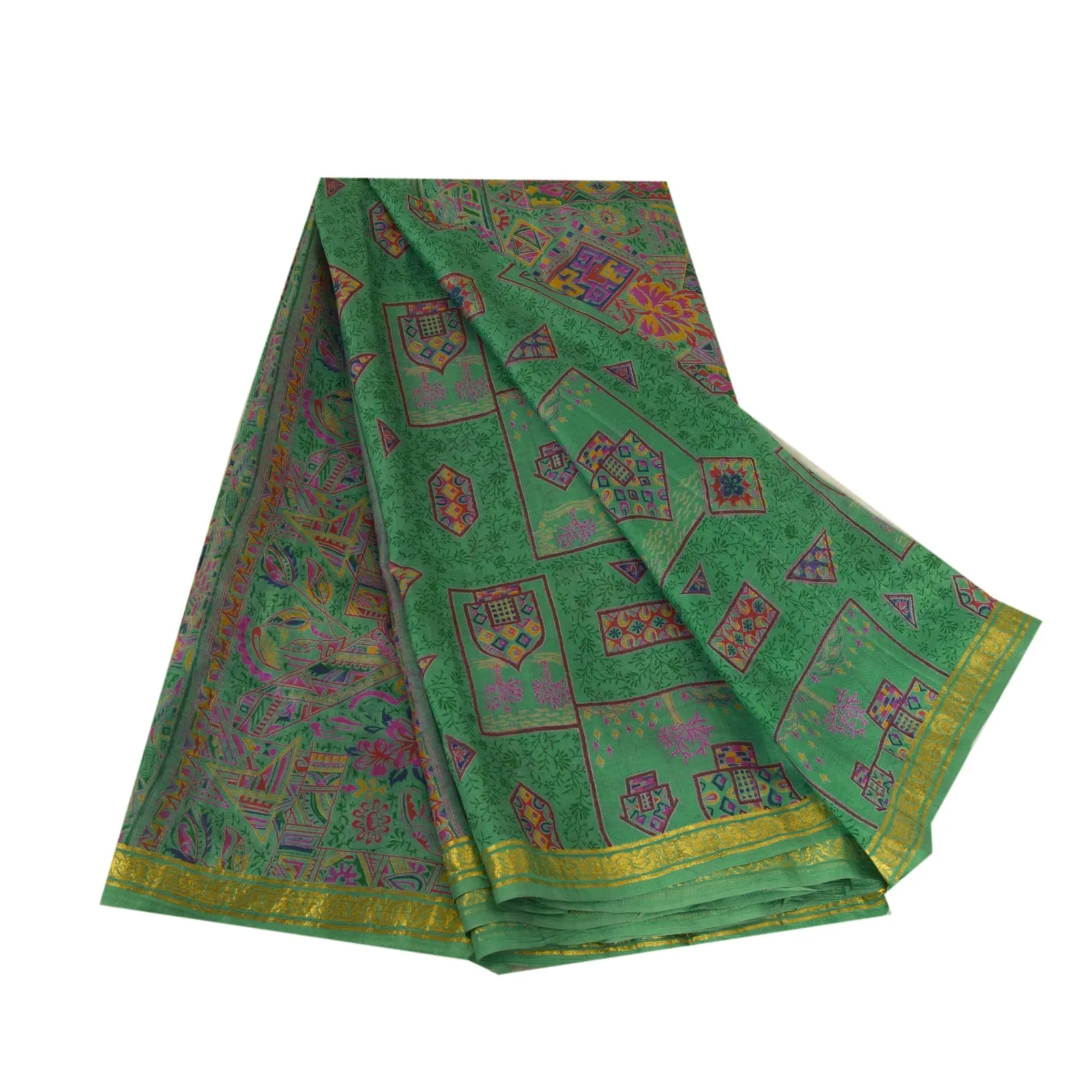 Sanskriti Vintage Sarees Green Zari Border Pure Silk Printed Sari Craft Fabric