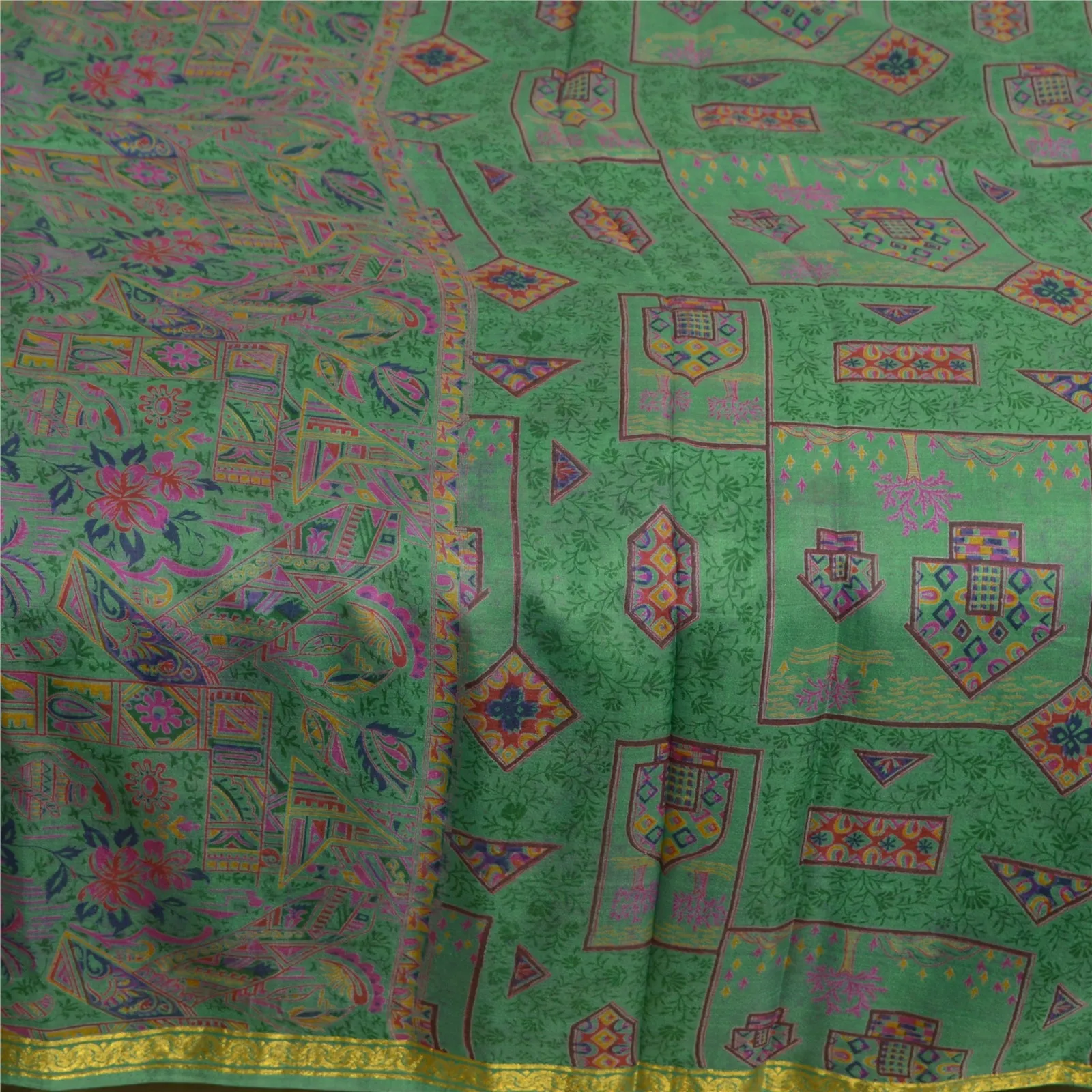 Sanskriti Vintage Sarees Green Zari Border Pure Silk Printed Sari Craft Fabric