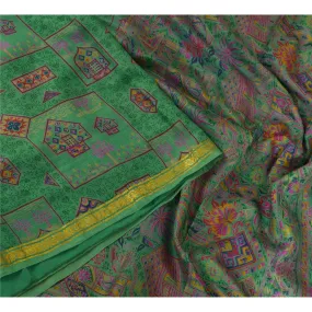 Sanskriti Vintage Sarees Green Zari Border Pure Silk Printed Sari Craft Fabric