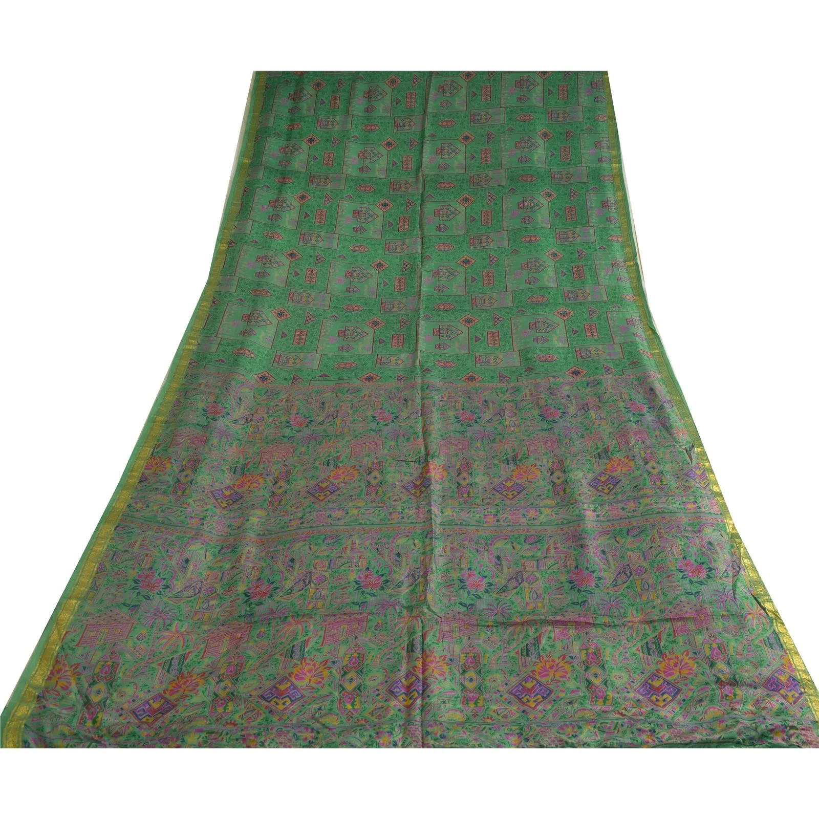 Sanskriti Vintage Sarees Green Zari Border Pure Silk Printed Sari Craft Fabric