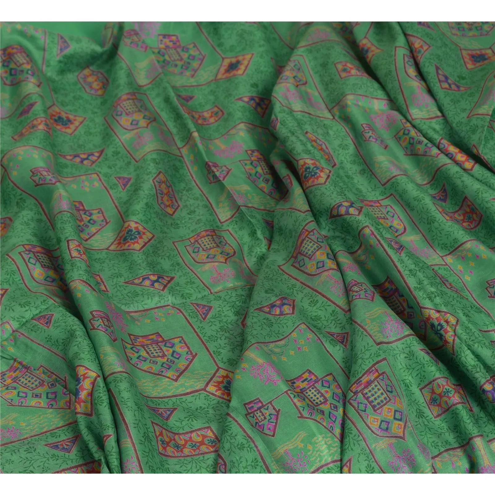 Sanskriti Vintage Sarees Green Zari Border Pure Silk Printed Sari Craft Fabric