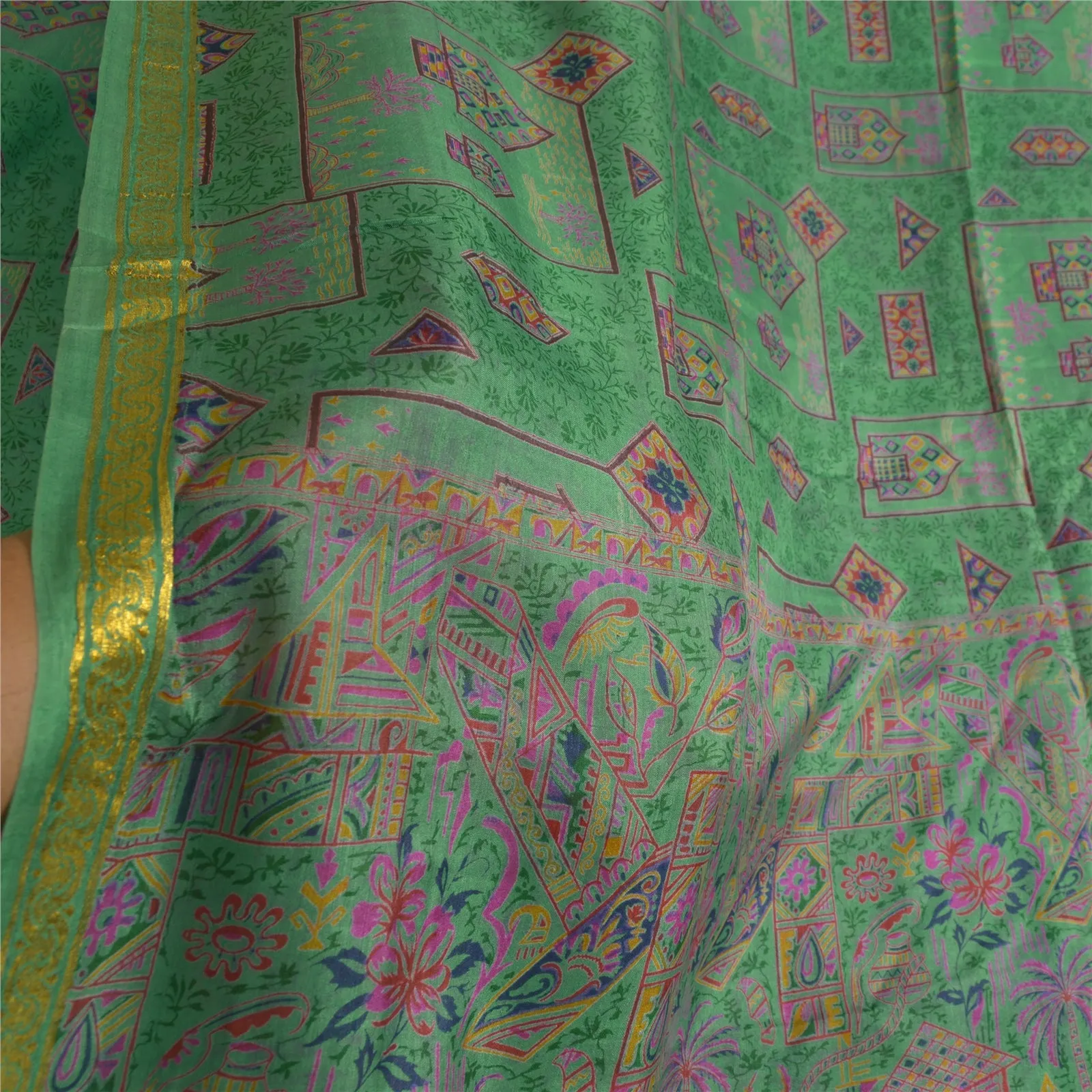 Sanskriti Vintage Sarees Green Zari Border Pure Silk Printed Sari Craft Fabric