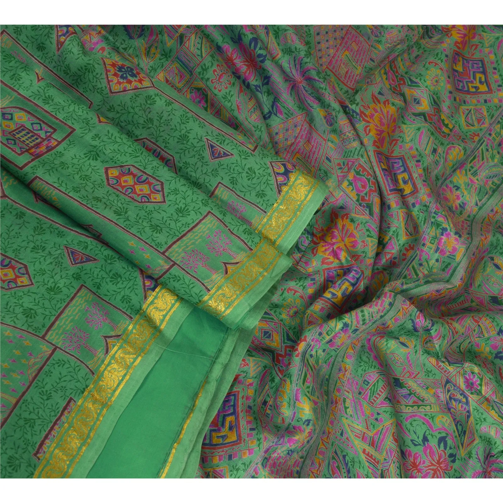 Sanskriti Vintage Sarees Green Zari Border Pure Silk Printed Sari Craft Fabric