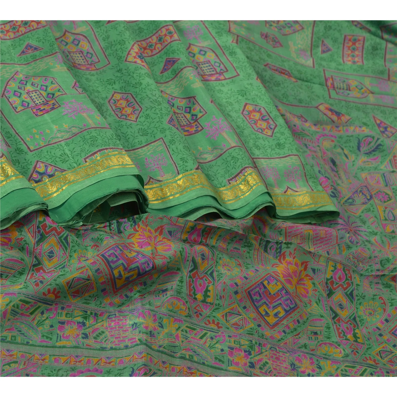 Sanskriti Vintage Sarees Green Zari Border Pure Silk Printed Sari Craft Fabric