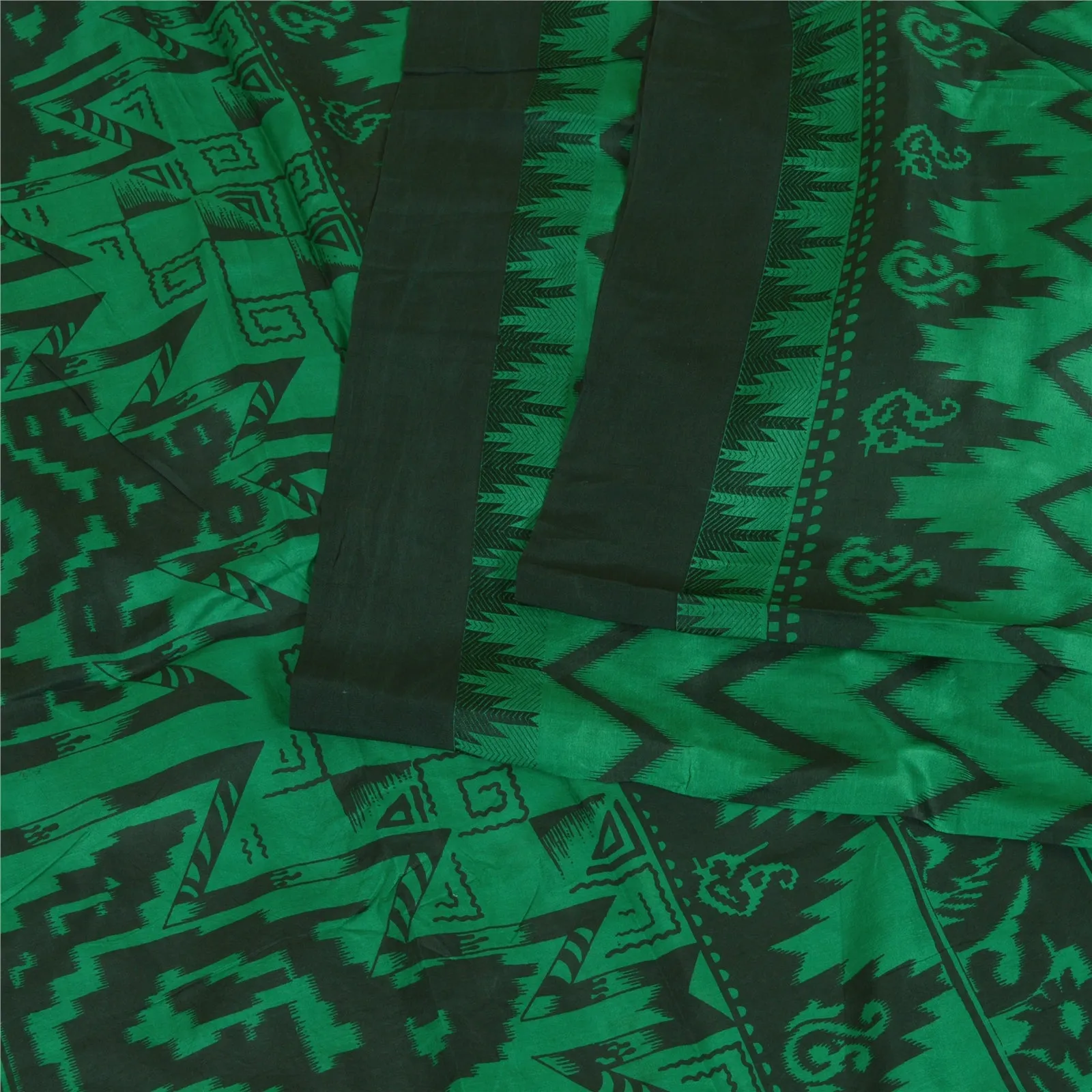 Sanskriti Vintage Sarees Green/Black 100% Pure Silk Printed Sari Craft Fabric