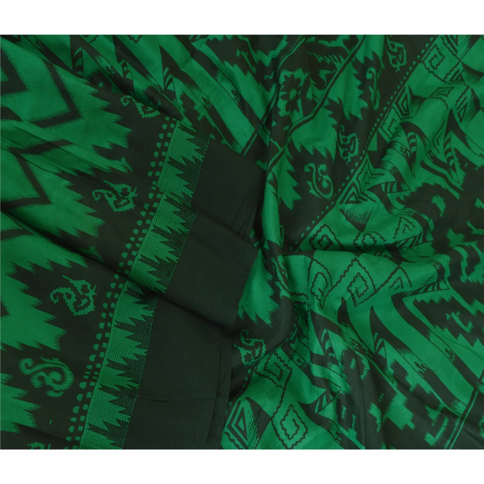 Sanskriti Vintage Sarees Green/Black 100% Pure Silk Printed Sari Craft Fabric