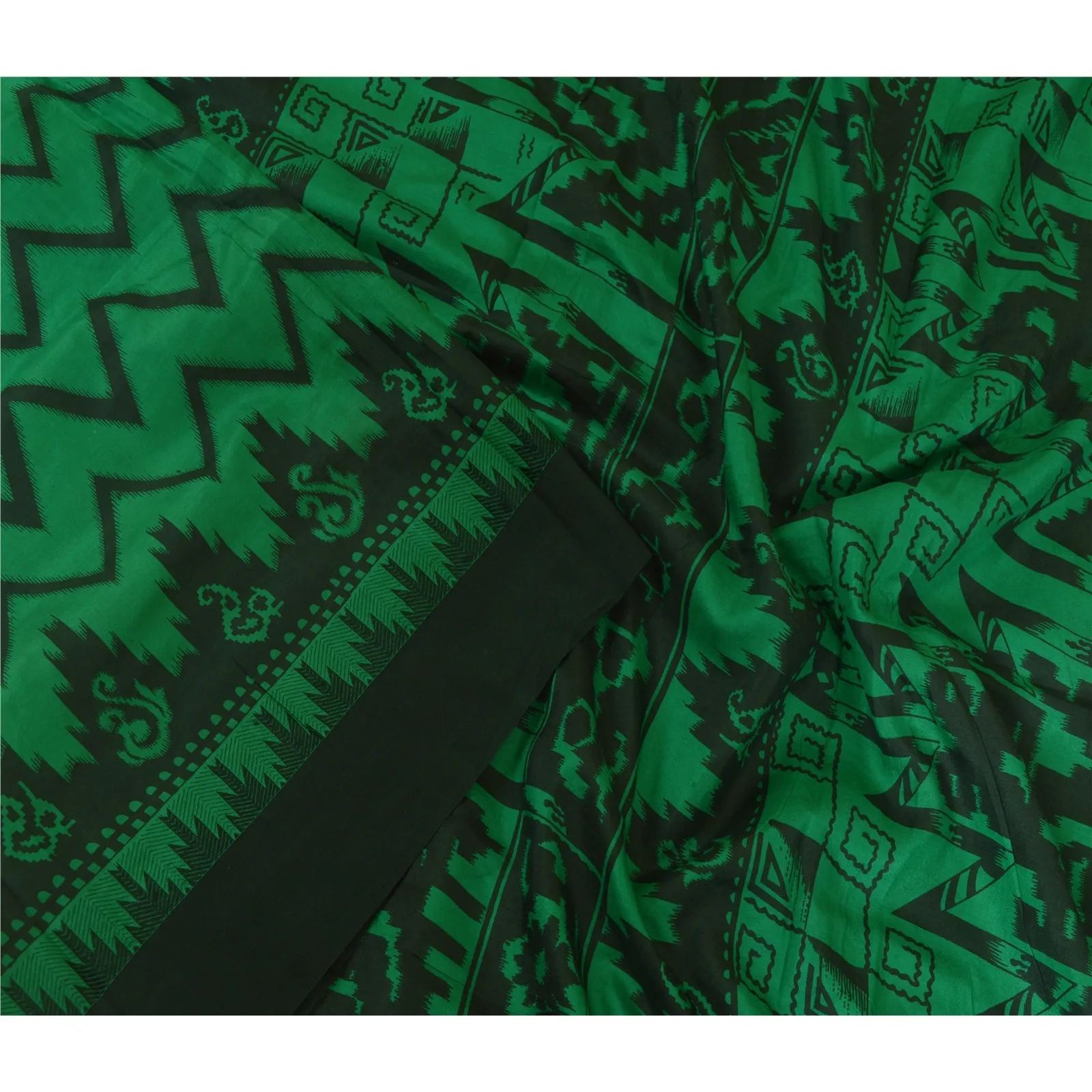 Sanskriti Vintage Sarees Green/Black 100% Pure Silk Printed Sari Craft Fabric