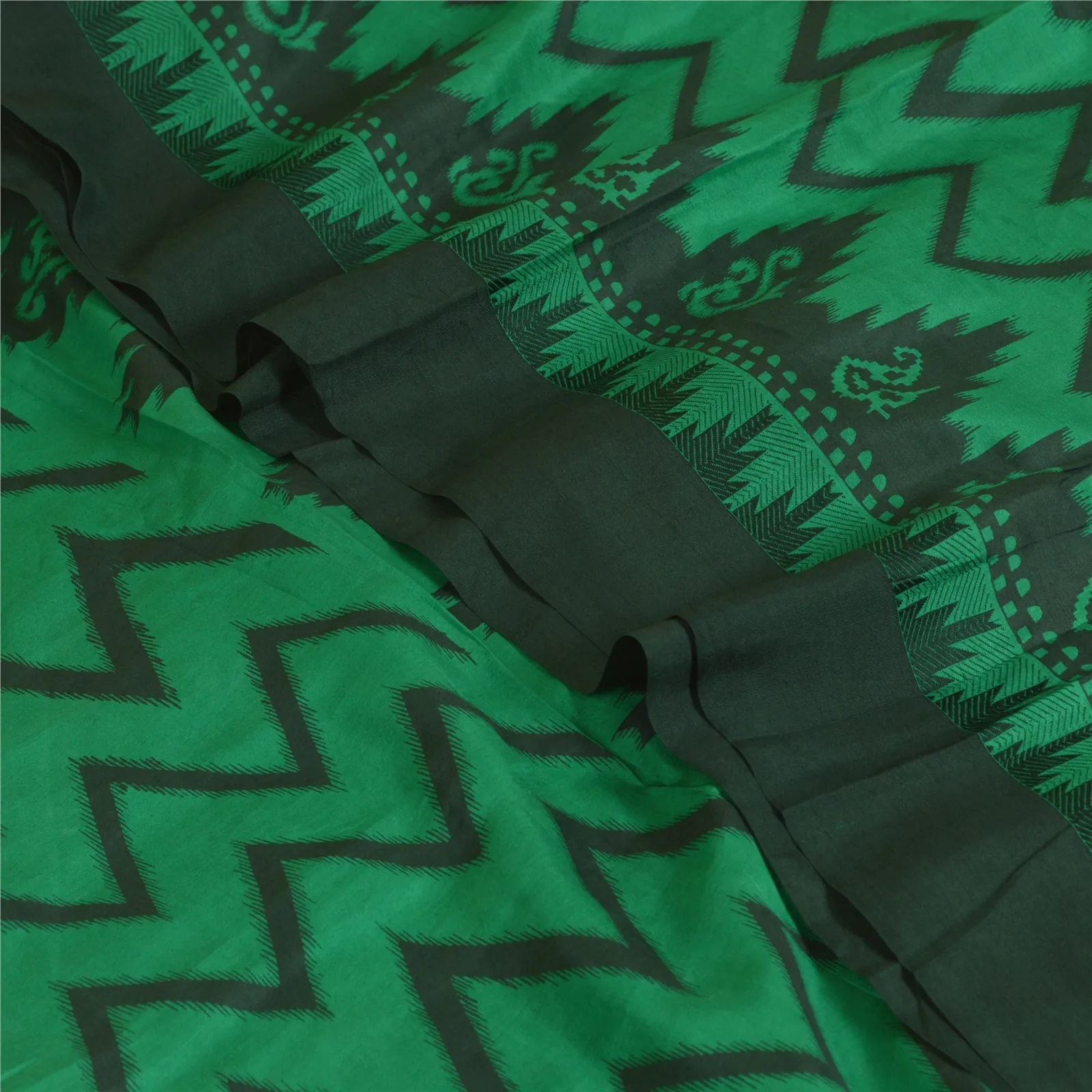 Sanskriti Vintage Sarees Green/Black 100% Pure Silk Printed Sari Craft Fabric