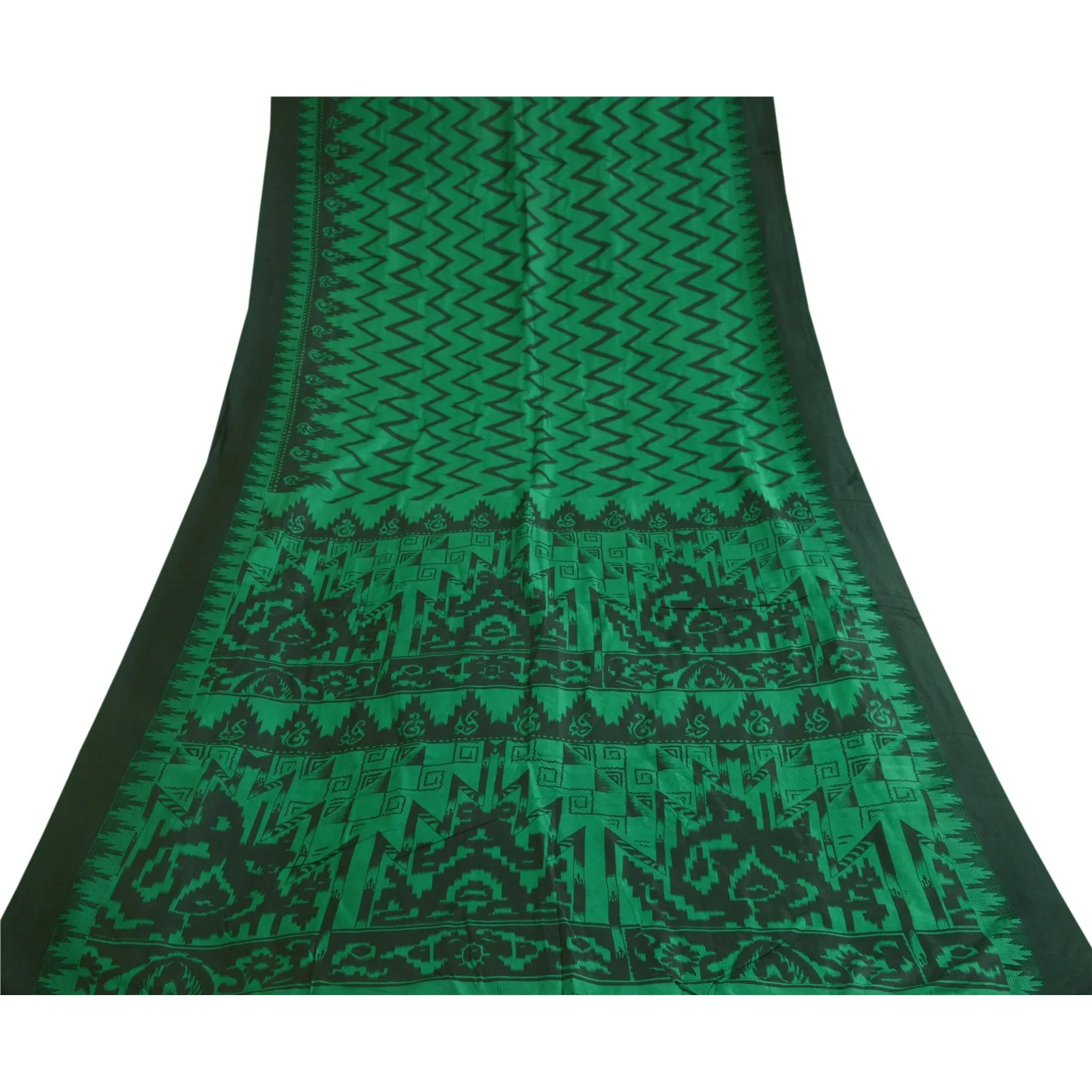 Sanskriti Vintage Sarees Green/Black 100% Pure Silk Printed Sari Craft Fabric