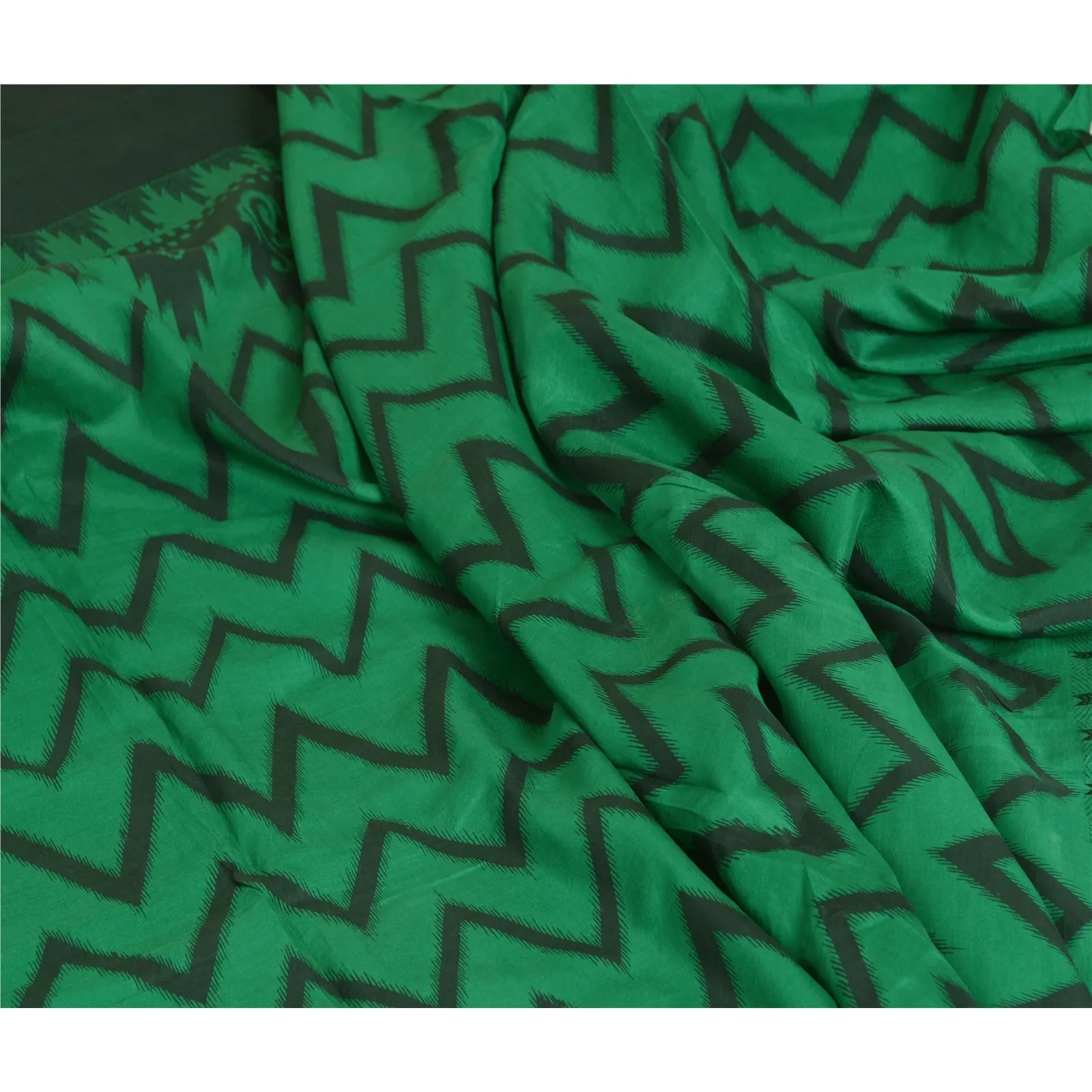 Sanskriti Vintage Sarees Green/Black 100% Pure Silk Printed Sari Craft Fabric