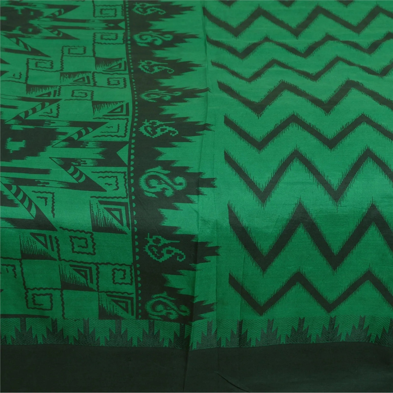 Sanskriti Vintage Sarees Green/Black 100% Pure Silk Printed Sari Craft Fabric