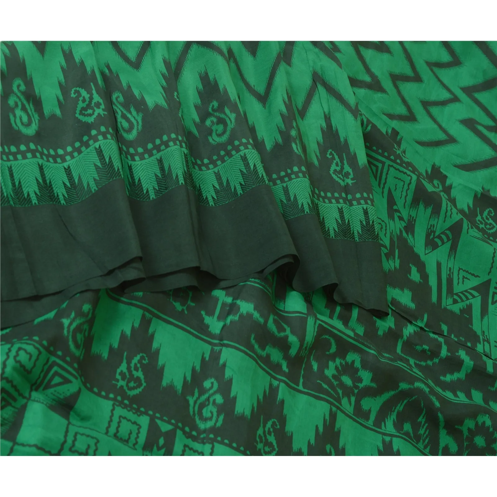 Sanskriti Vintage Sarees Green/Black 100% Pure Silk Printed Sari Craft Fabric