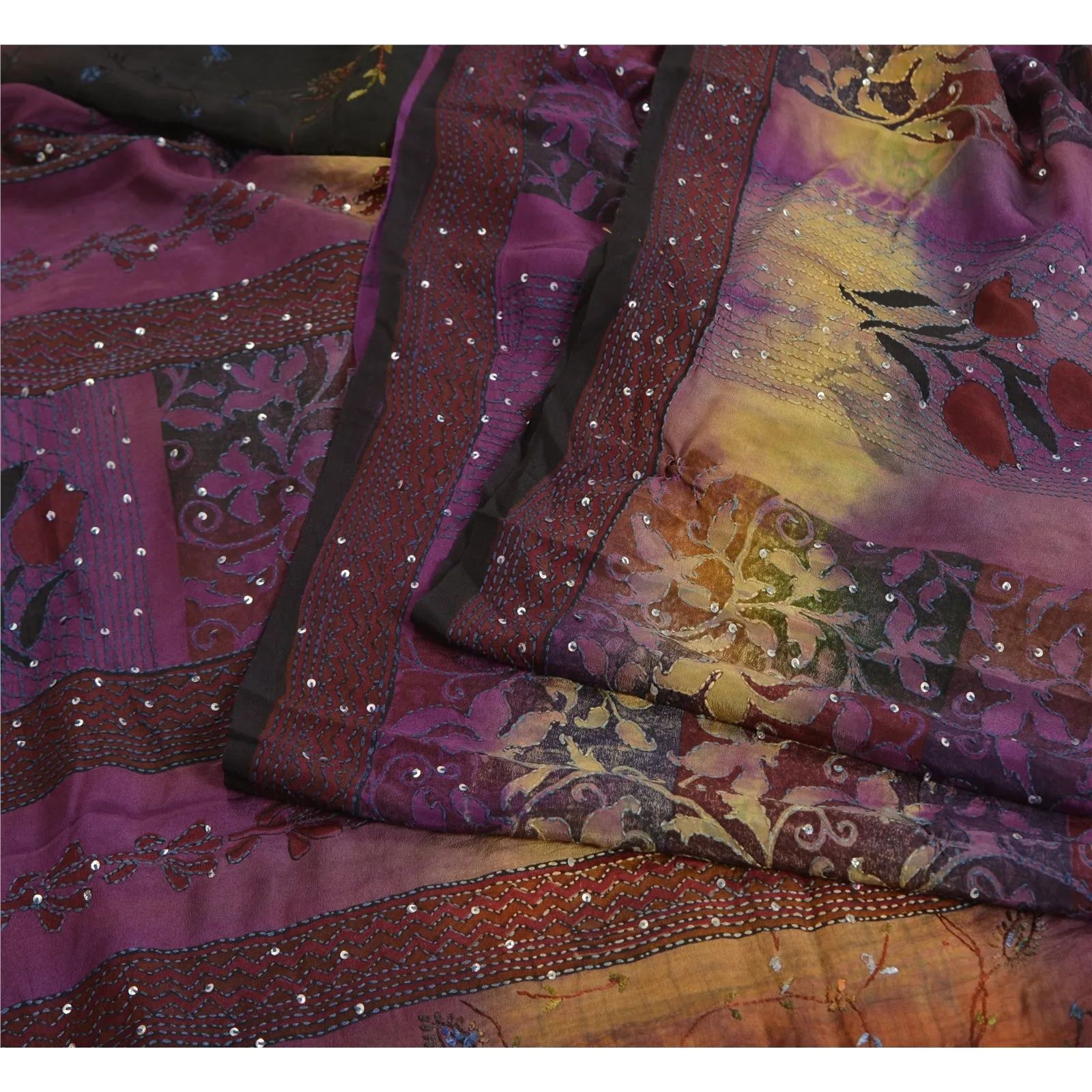 Sanskriti Vintage Sarees Hand Beaded Kantha Pure Crepe Printed Sari Craft Fabric