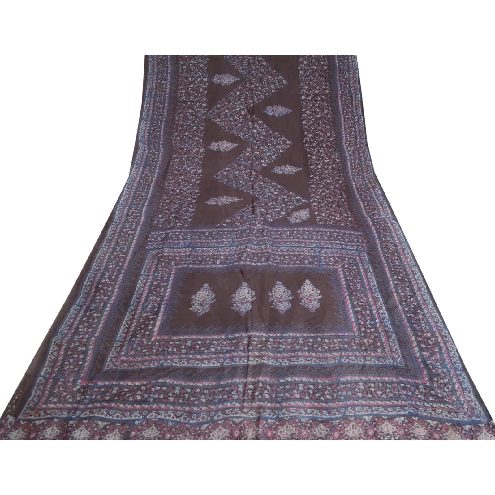 Sanskriti Vintage Sarees Indian Brown Pure Silk Printed Sari 5yd Craft Fabric