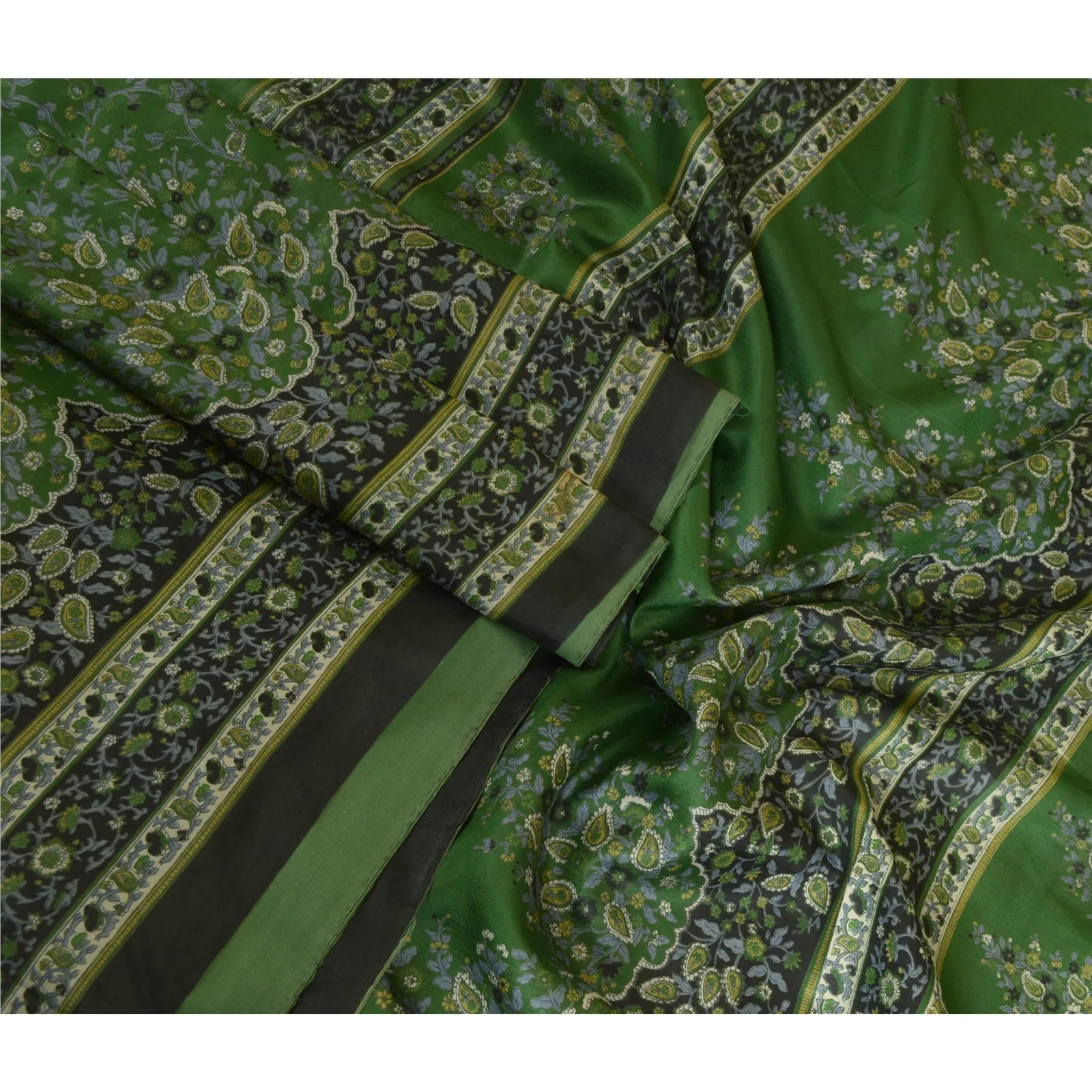 Sanskriti Vintage Sarees Indian Green 100% Pure Silk Printed Sari Craft Fabric