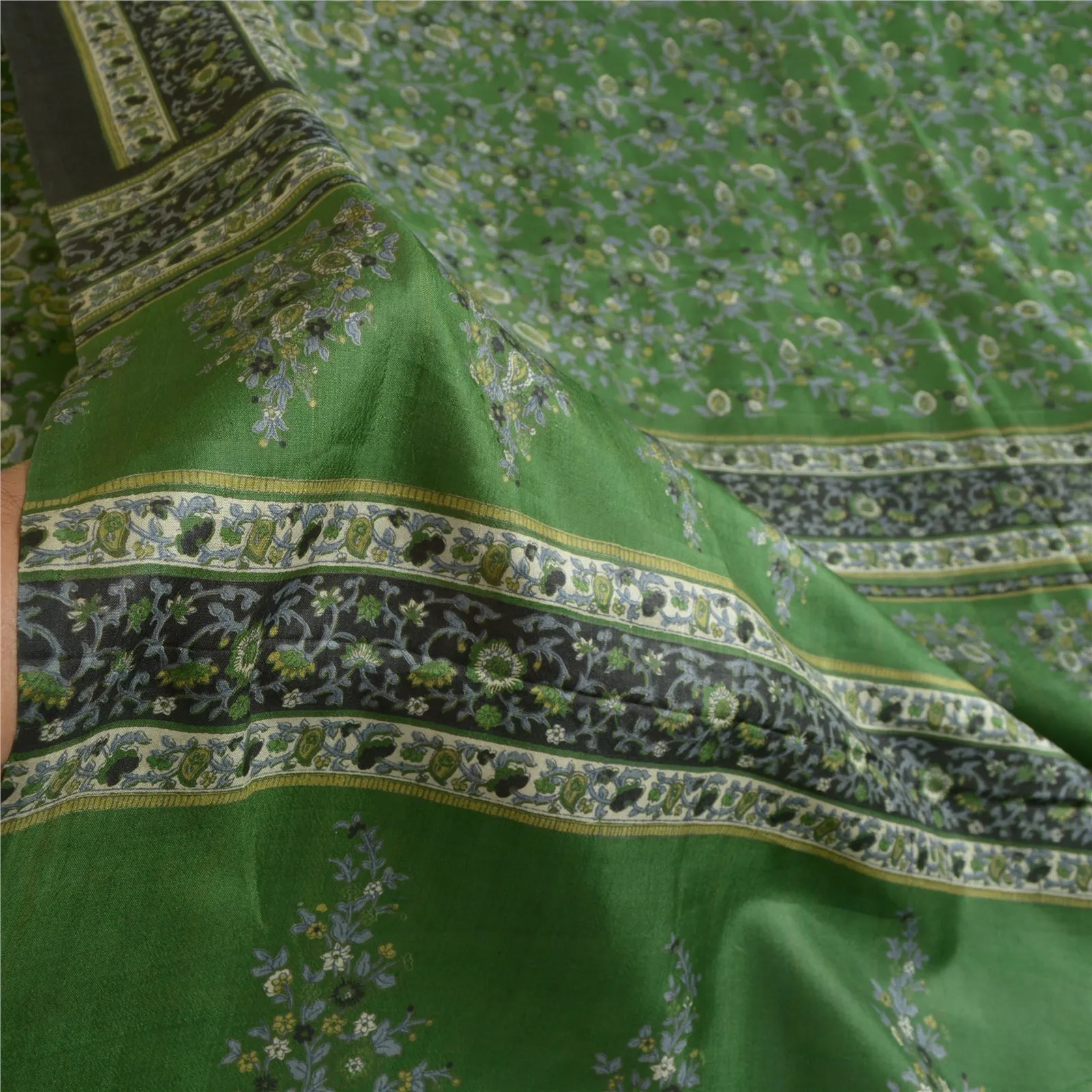 Sanskriti Vintage Sarees Indian Green 100% Pure Silk Printed Sari Craft Fabric