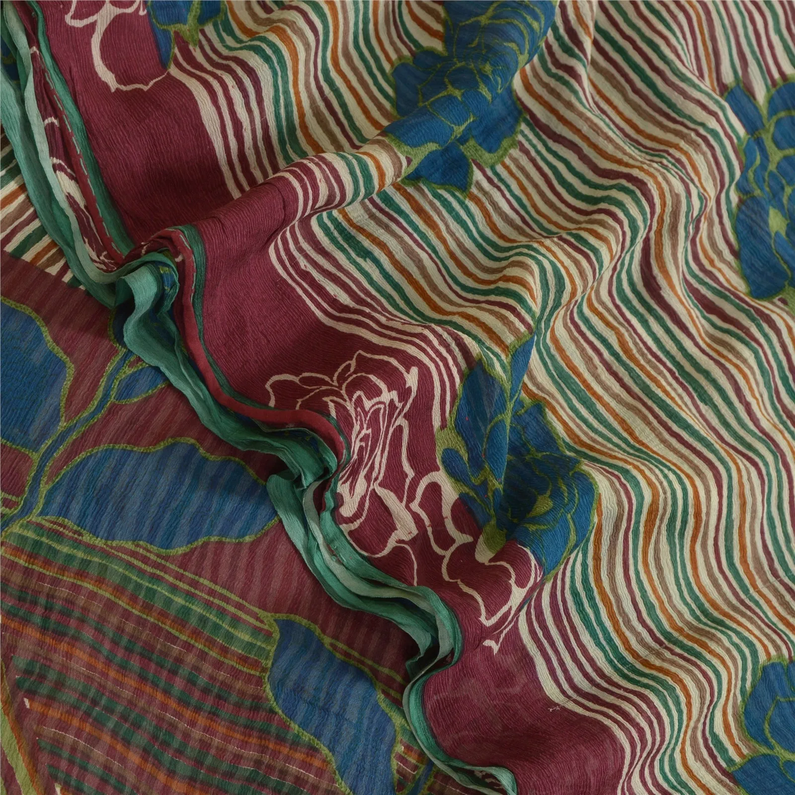 Sanskriti Vintage Sarees Multi Pure Chiffon Silk Printed Sari 5yd Craft Fabric