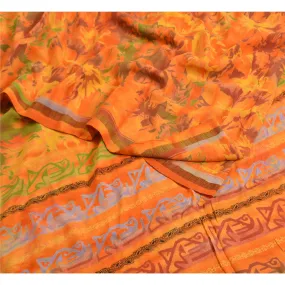 Sanskriti Vintage Sarees Orange Pure Crepe Silk Printed Sari Decor Craft Fabric