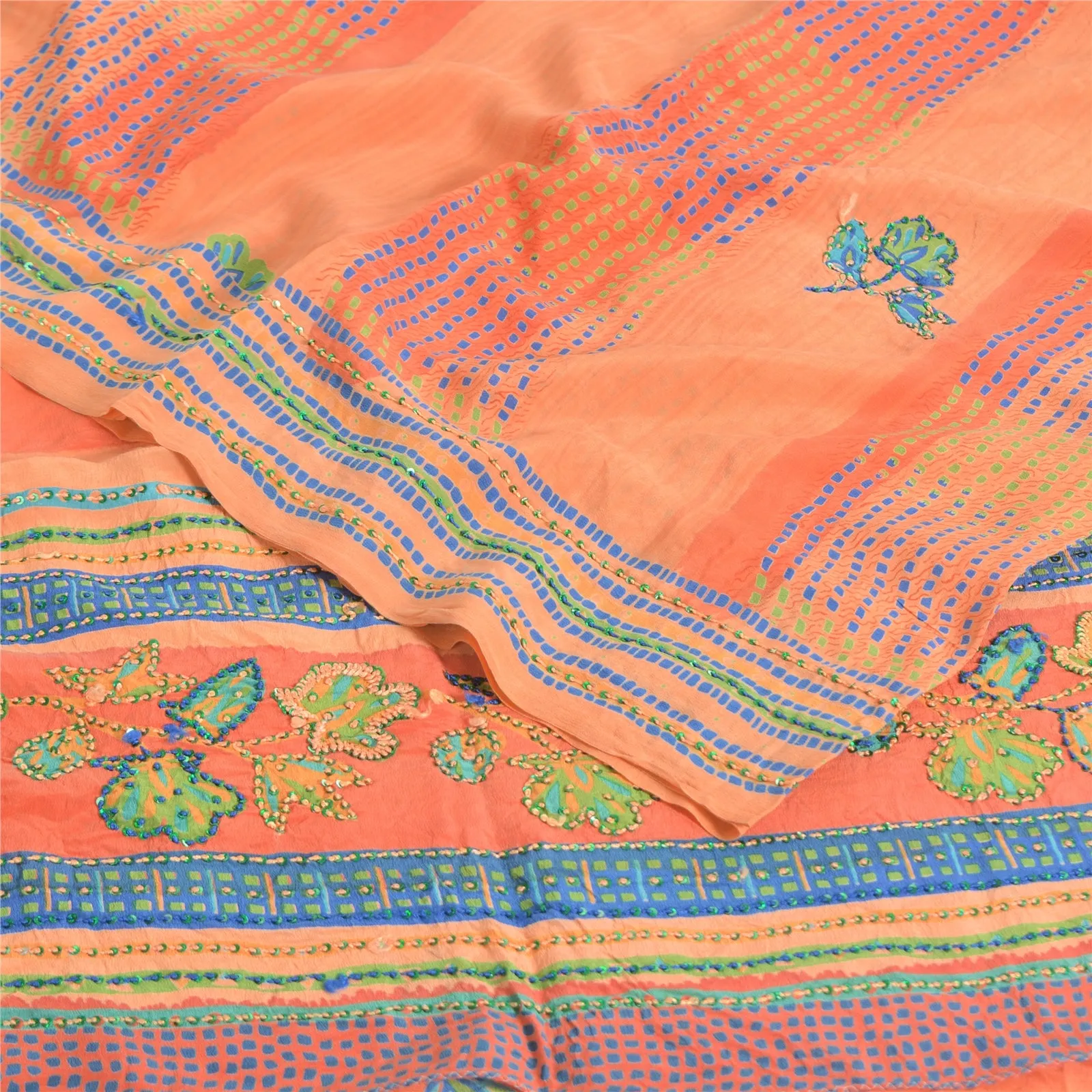 Sanskriti Vintage Sarees Orange/Peach Hand Beaded Pure Crepe Printed Sari Fabric